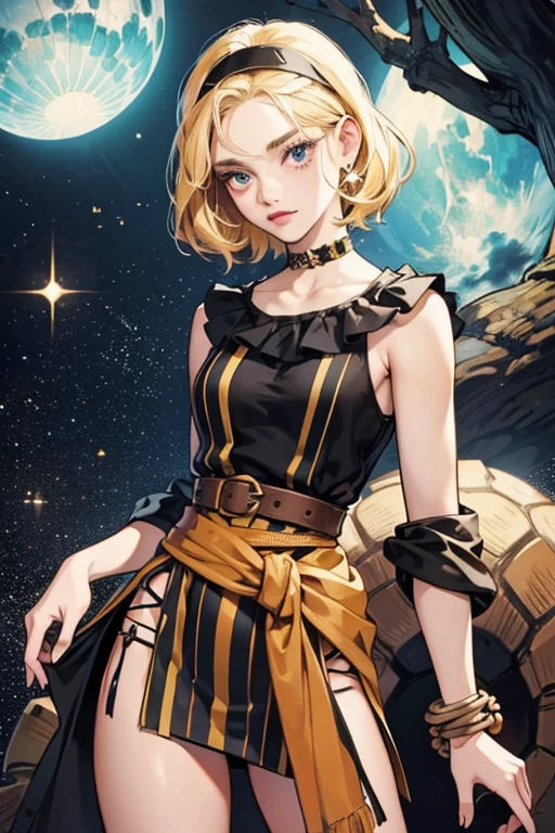 Annie from Flintstones is a beautiful and slender teenage cavegirl with fair skin, blonde hair with a black headband, thin black eyebrows, black eyes with eyelashes and black  lips.

she wears various fashion outfits, including variously colored short-sleeved, sleeveless or turtle-necked loincloths (either striped or spotted) with variously short loincloth skirts and belts. glitter