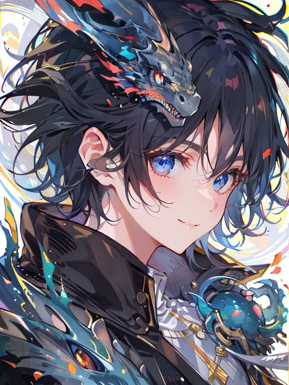 ((Highest quality)), ((Masterpiece)), ((very detailed)), (Very delicate and beautiful), boy,cute,innocent smile,blue eyes,black hair,dragon