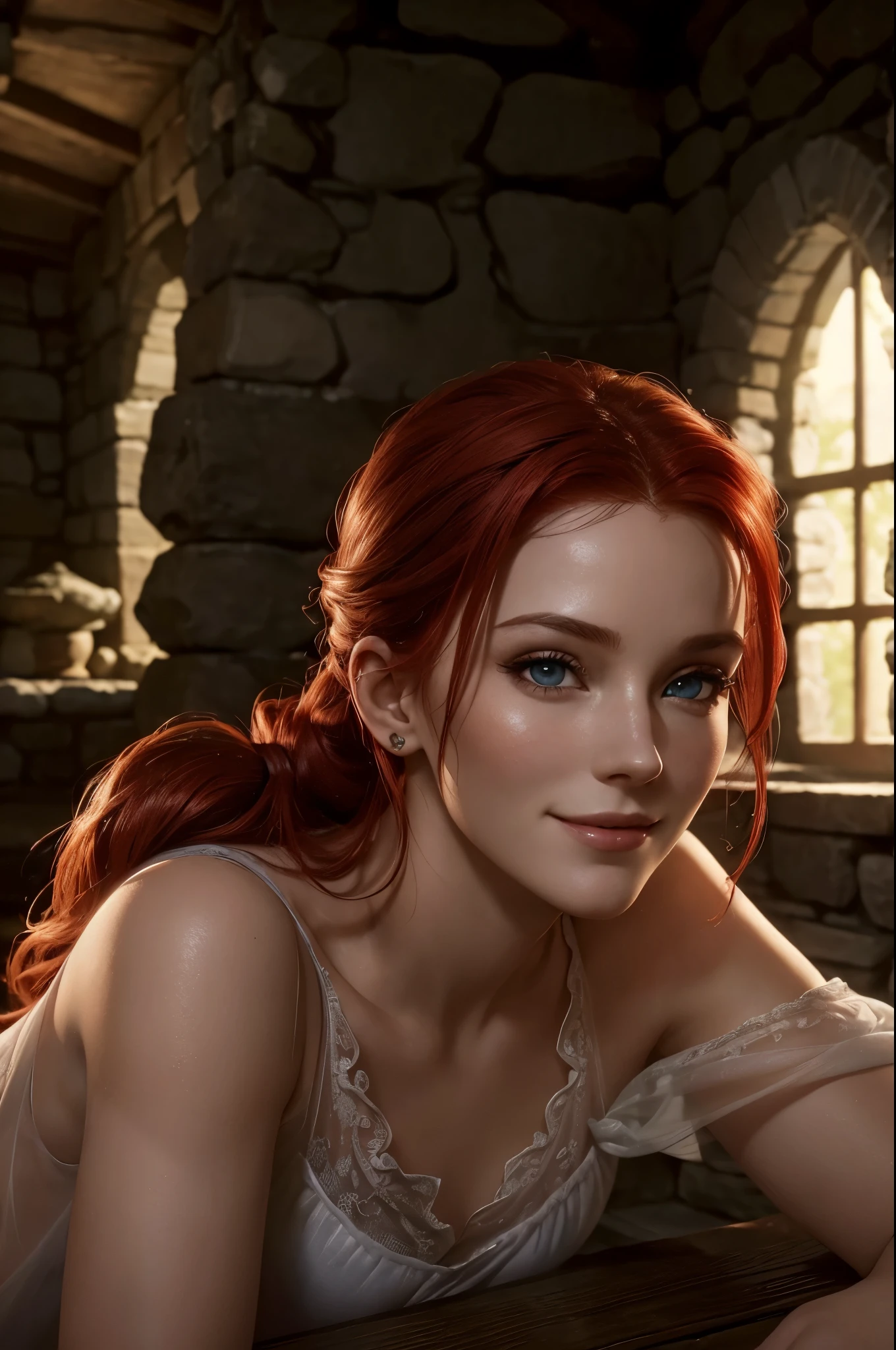 Triss, red ponytail, ((beautiful, perfect face)), ((detailed, beautiful, perfect, eyes)), ((see-through nightgown)), body)) smiling, looking at viewer, relaxing in a stone-walled hunting lodge, fun, ((realistic)), dramatic lighting, (depth of field), ((masterpiece)) ((best quality)) ((highly detailed))