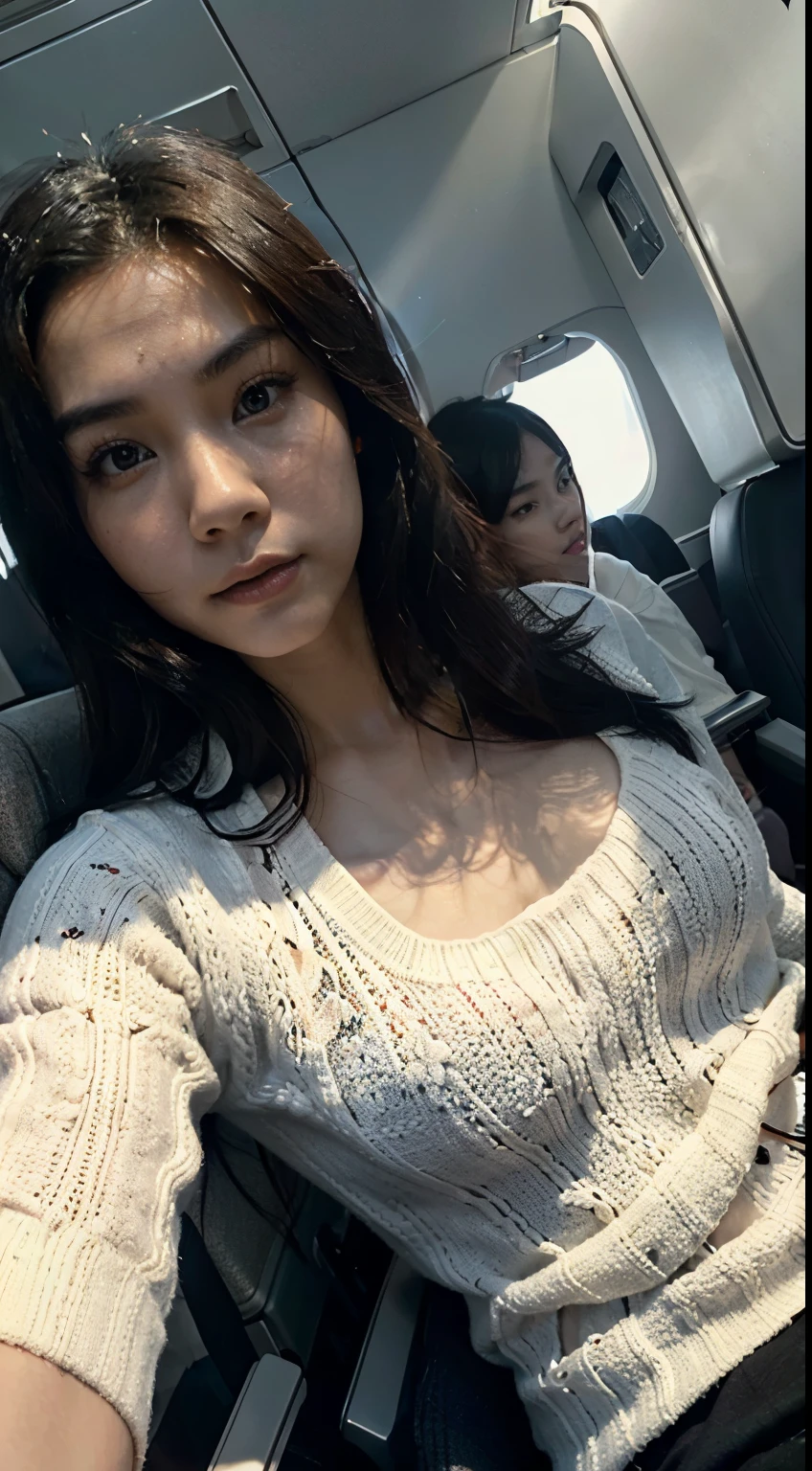 30 years old Hong Kong beautiful woman in airplane, white knit jumper, hyper realistic, realistic skin tone, realistic skin texture, symmetric face, asian pale skin tone, super wide angle photo, selfie from down below, very low contrast photo, black long hair, (((dark))), spot light