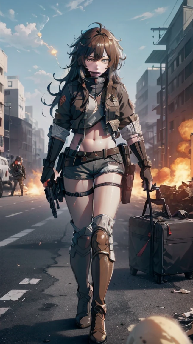 ((high quality)), ((masterpiece)), 8k, 2 girls, bulletproof vest, light, Extremely detailed CG unified 8k wallpaper, Game CG, looking at the audience, Gloves, boots, whole body, watch, , mask, drone, possessing weapons, earphone, jacket, (Destroyed city in the background , explode , smokes