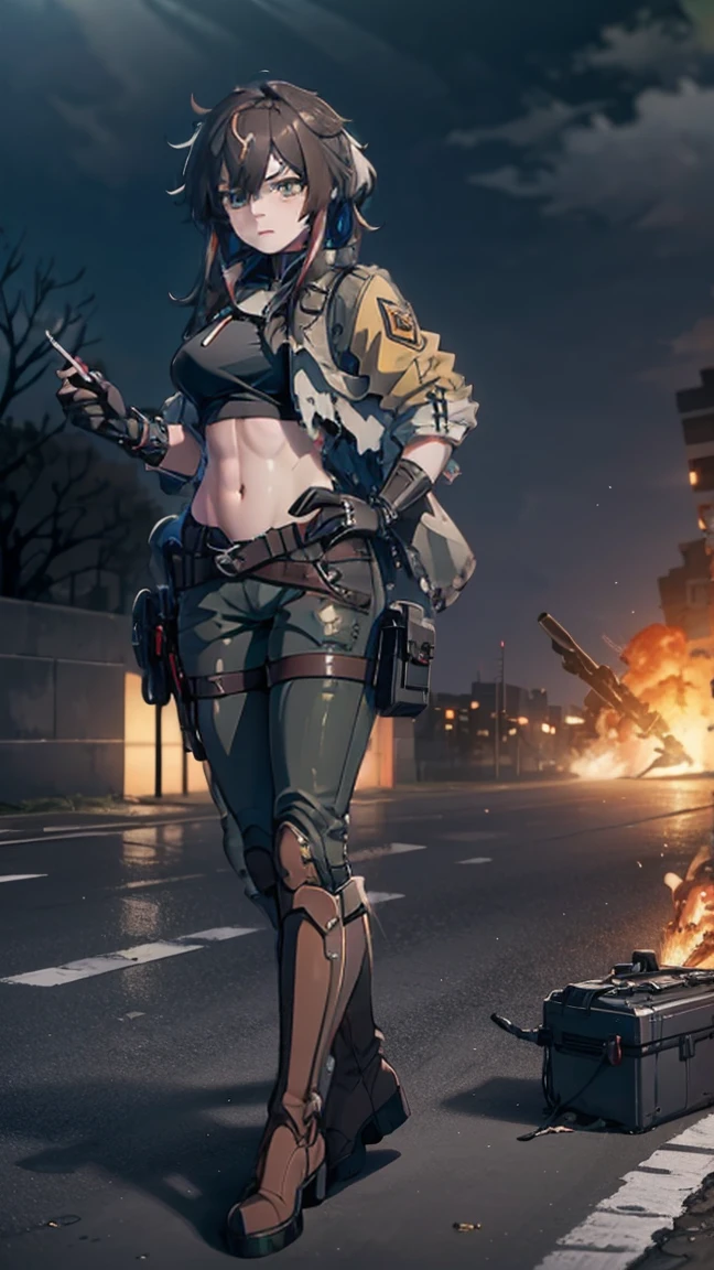 ((high quality)), ((masterpiece)), 8k, 2 girls, bulletproof vest, light, Extremely detailed CG unified 8k wallpaper, Game CG, looking at the audience, Gloves, boots, whole body, watch, , mask, drone, possessing weapons, earphone, jacket, (Destroyed city in the background , explode , smokes