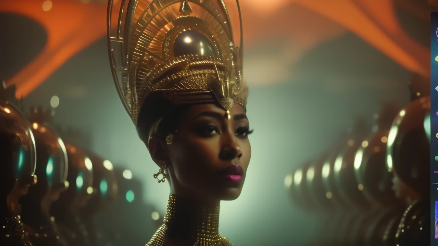a close up of a woman in a costume with a crown on her head, cinematic goddess shot, cinematic goddess close shot, afrofuturism style, movie still of aztec cyborg, afrofuturism, cinematic close-up bust shot, cinematic goddess body shot, stunning vfx, still from a fantasy movie, cinematic close shot, queen in a glass prison, nefertiti