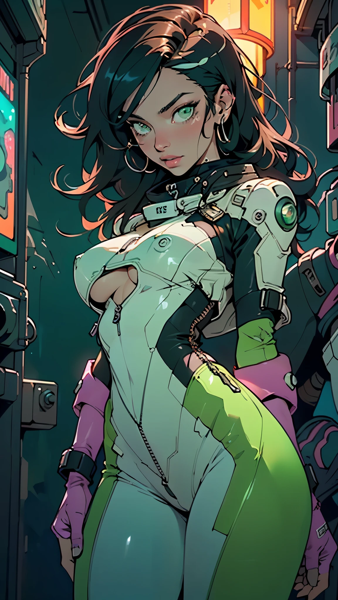 girl spacepunk,(((1girl))),((beautiful girl with spacesuit)),woman,1female,((milf,mom,mature,mature woman,45 years old female,adult)),
(large breasts:1.4),saggy breasts,(((dark hair:1.4,straight hair,long hair:1.4,colored inner hair))),(((green_eyes:1.3))),intricate eyes,beautiful detailed eyes,symmetrical eyes,((fat)),(((lustrous skin:1.5,bright skin: 1.5,skin tanned,shiny skin,very shiny skin,shiny body,plastic glitter skin,exaggerated shiny skin,illuminated skin,wet legs))),(spider lower abdomen,narrow waist,wide hip,imbo body,inflated legs, thick thighs,detailed body,(detailed face)),
cute,slutty,seductive,erotic,(((nsfw))),
revealing clothing,show skin,((underboob:1.5)),(cleavage),((space suit outfit, green space suit,short sleeve spacesuit)),(wearing a space suit outfit:1.3,space suit clothes),((zipper suit, zipper slightly unzipped))),((wet clothes,intricate outfit,intricate clothes)),
(dynamic pose:1.0),solo focus,embarrassed,(centered,scale to fit dimensions,Rule of thirds),
cyberpunk city by the ocean at night, with bright neon signs and dark stormy clouds and puddles, scenery:1.25,nighttime, starry night, cosmos,Very dark night that makes the neon lights stand out, very bright neon lights,nighttime, starry night, cosmos,
artistic photography,(photography taken by sldr),highres, sharp focus,(ultra detailed, extremely detailed), (photorealistic artwork:1.37),(extremely detailed CG unity 8k wallpaper),((synthwave background theme)),(((vibrant colors))),intricate,(intricate background),(masterpiece),(best quality),perfect rendered face,perfect face details,realistic face,photo realistic,analog style,((intricate detail)),(((realism))),
