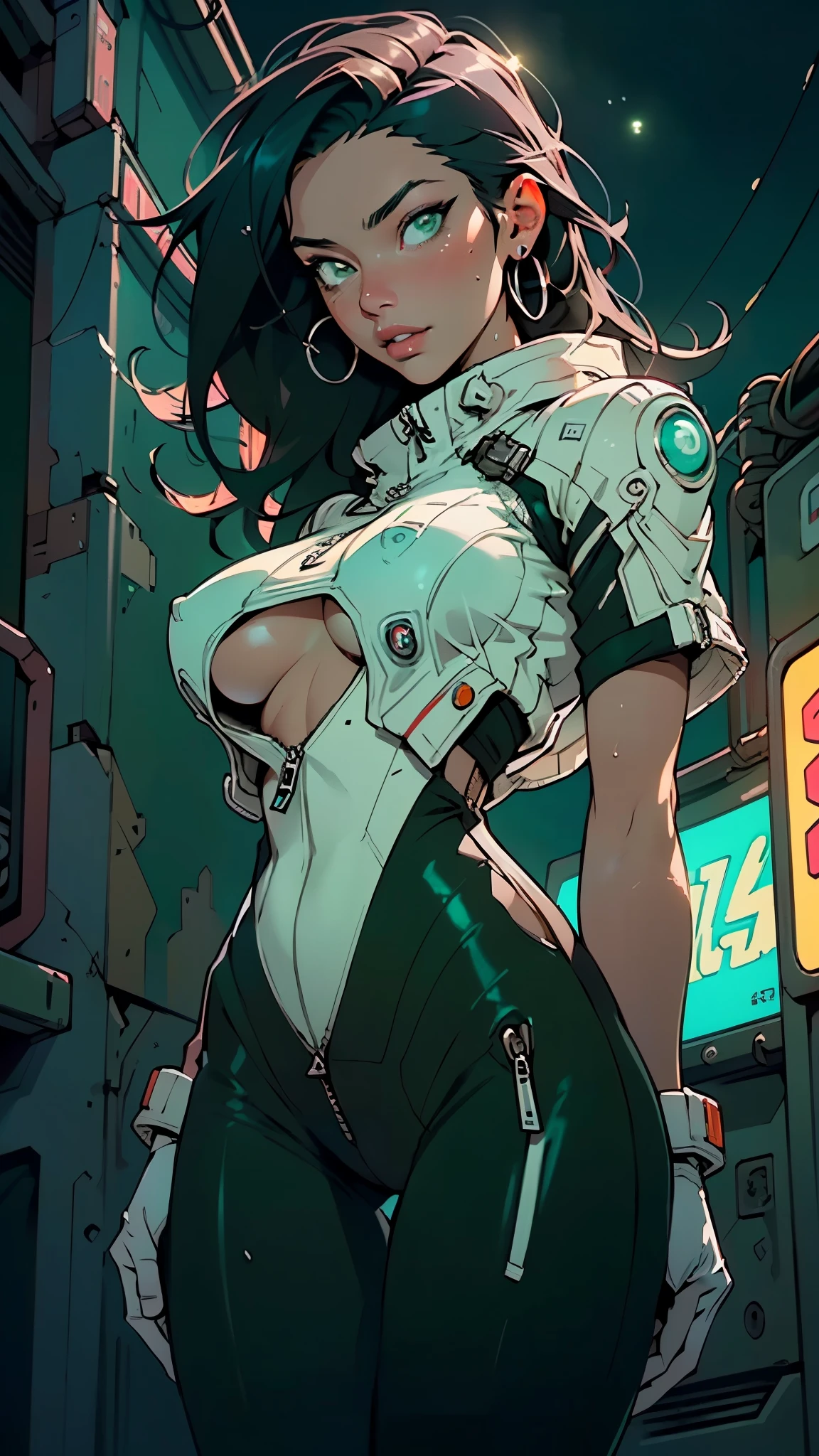 girl spacepunk,(((1girl))),((beautiful girl with spacesuit)),woman,1female,((milf,mom,mature,mature woman,45 years old female,adult)),

(large breasts:1.4),saggy breasts,(((dark hair:1.4,straight hair,long hair:1.4,colored inner hair))),(((green_eyes:1.3))),intricate eyes,beautiful detailed eyes,symmetrical eyes,((fat)),(((lustrous skin:1.5,bright skin: 1.5,skin tanned,shiny skin,very shiny skin,shiny body,plastic glitter skin,exaggerated shiny skin,illuminated skin,wet legs))),(spider lower abdomen,narrow waist,wide hip,imbo body,inflated legs, thick thighs,detailed body,(detailed face)),

cute,slutty,seductive,erotic,(((nsfw))),

revealing clothing,show skin,((underboob:1.5)),(cleavage),((space suit outfit, green space suit,short sleeve spacesuit)),(wearing a space suit outfit:1.3,space suit clothes),((zipper suit, zipper slightly unzipped))),((wet clothes,intricate outfit,intricate clothes)),

(dynamic pose:1.0),solo focus,embarrassed,(centered,scale to fit dimensions,Rule of thirds),

cyberpunk city by the ocean at night, with bright neon signs and dark stormy clouds and puddles, scenery:1.25,nighttime, starry night, cosmos,Very dark night that makes the neon lights stand out, very bright neon lights,nighttime, starry night, cosmos,

artistic photography,(photography taken by sldr),highres, sharp focus,(ultra detailed, extremely detailed), (photorealistic artwork:1.37),(extremely detailed CG unity 8k wallpaper),((synthwave background theme)),(((vibrant colors))),intricate,(intricate background),(masterpiece),(best quality),perfect rendered face,perfect face details,realistic face,photo realistic,analog style,((intricate detail)),(((realism))),
