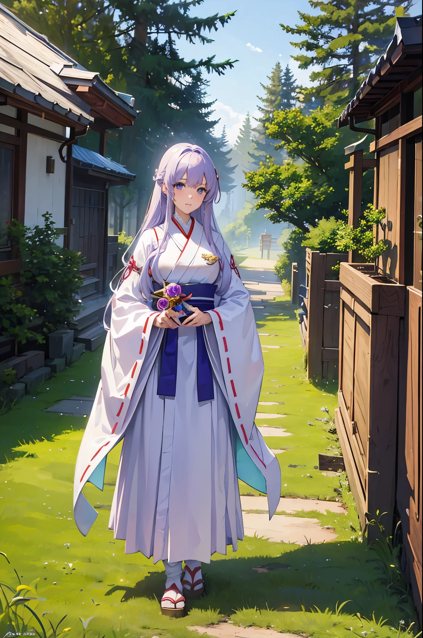 1woman, light purple hair, blue eyes, shrine maiden clothes, standing on ground, high res, ultra sharp, 8K, masterpiece