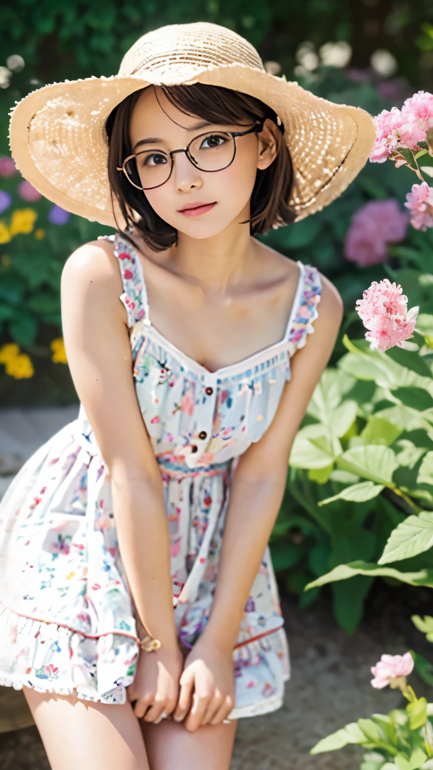 girl with a youthful appearance wear eyeglasses and a summer hat, small bust, detailed eyes and lips, short beautiful hair, delicate facial features, soft and innocent expression, wearing a simple dress, standing in a blooming garden, surrounded by vibrant flowers and lush greenery, basking in warm sunlight, enjoying a gentle breeze, medium: oil painting, exquisite brushwork, capturing every delicate detail, high res, vivid colors, a masterpiece:1.2, soft pastel color palette, emphasizing the girl's innocence and purity, natural lighting, creating a warm and inviting atmosphere. photo taken is full body from top to toe