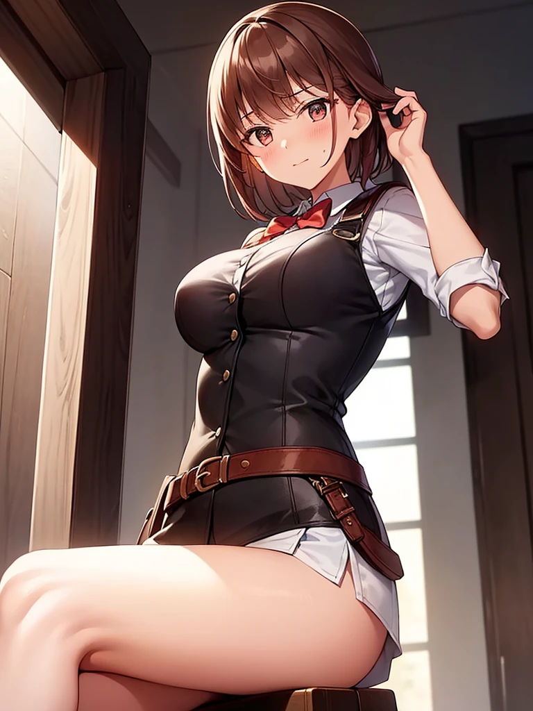 (the gesture of tying one's hair:1.2), ((blush:1.2)), endure the pain, 1 girl, (alone:1.3), ((raise your arms)), Black rucksack, hairpin, short hair, ((White uniform)), red bow tie, huge breasts, Naughty big breasts, ((long slender legs)), ((thin waist)), ((Panty shot)), cowboy shot, thighs, big ass, Red miniskirt, Beautiful woman, pretty face, Close your legs