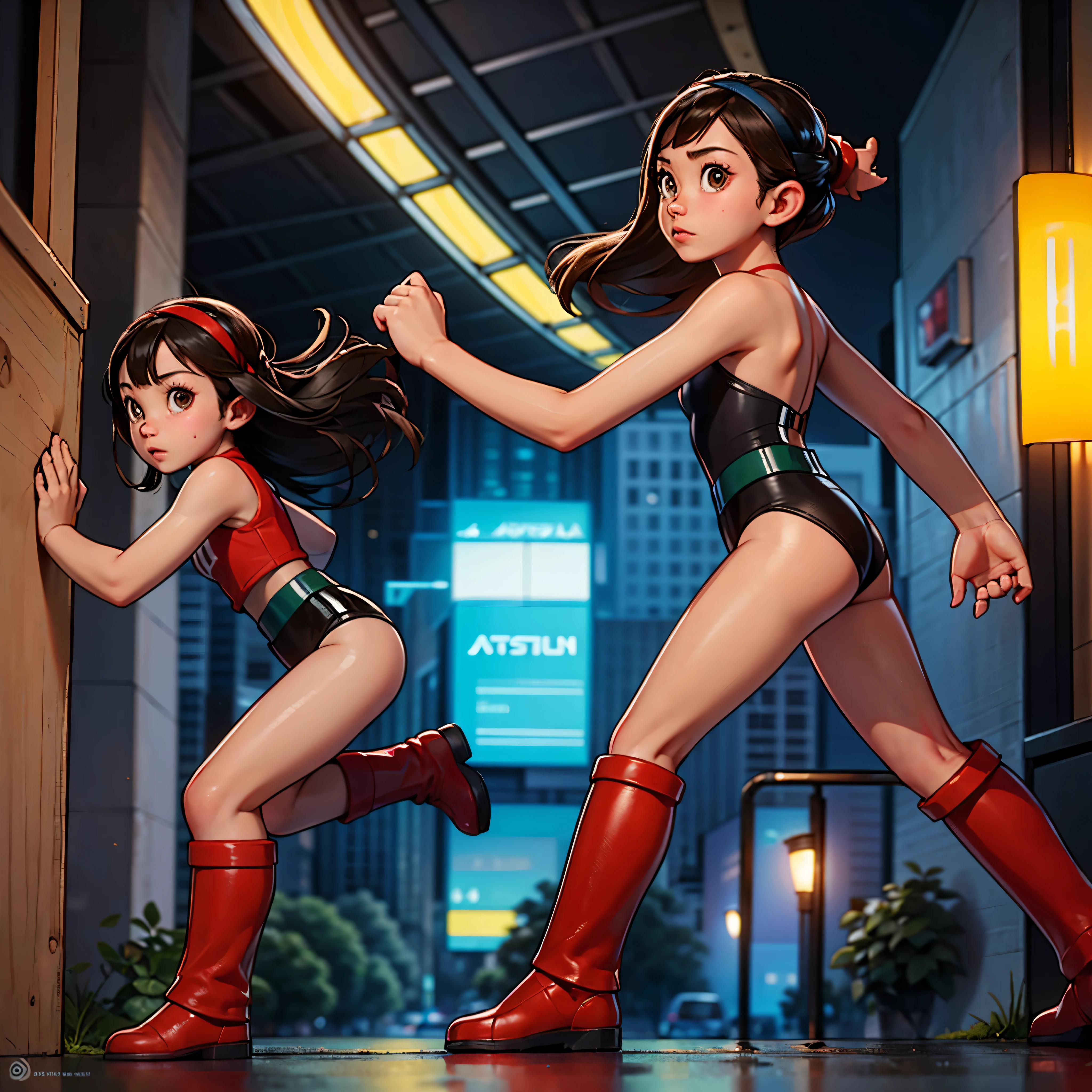 ((masterpiece, best quality)),(complex light),astro boy,black hair, brown eyes,red boots, fighting postion, about to fight, futuristic city varied multi etc. --v 6 --s 1000 --c 20 --q 20 --chaos 100