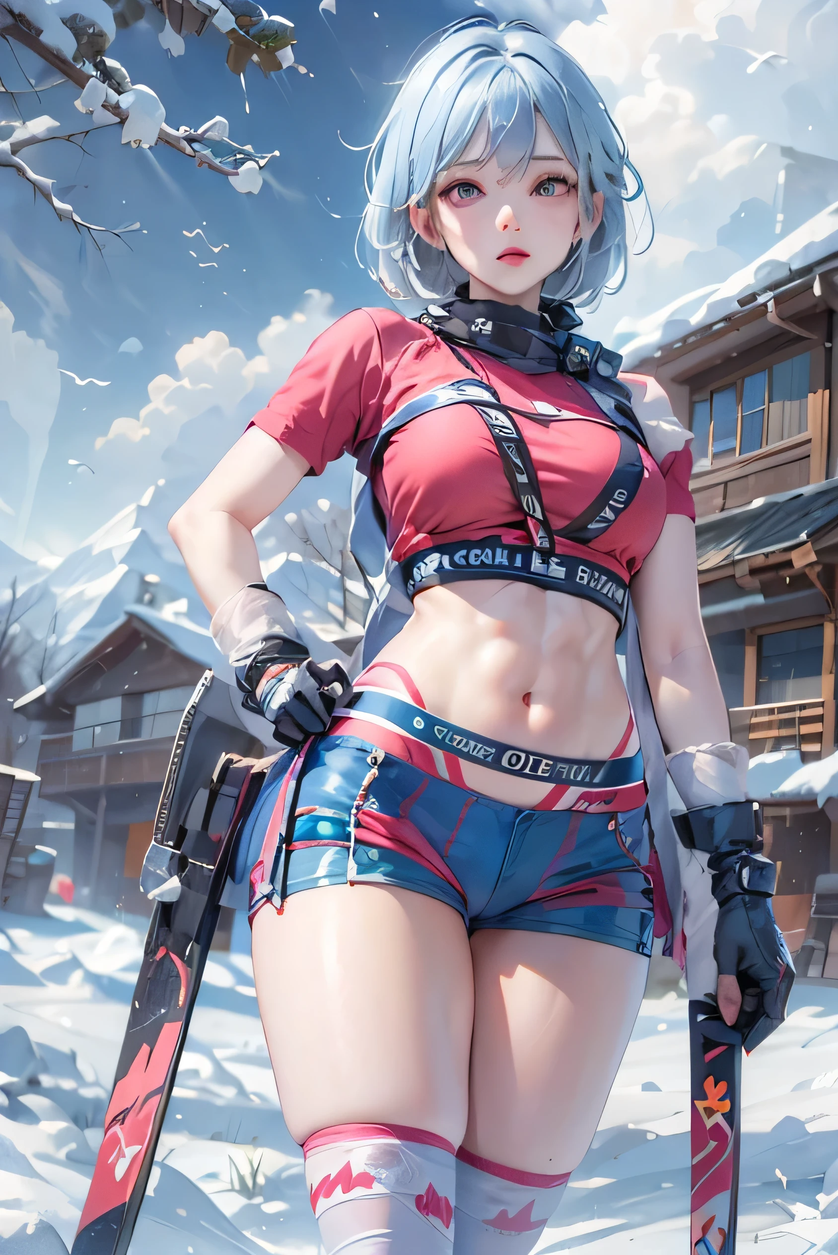 (photorealistic:1.3, highest quality:1.3,8Kmasterpiece, masterpiece:1.3,High resolution,muste piece:1.2),snow mountainにいる1人の23歳の女性,(bondage ski wear:1.3,choker,boots), beautiful skin, (looking at the camera:1.2),(photo seen from the ground:1.3),(short hair:1.2,bright blue hair:1.5), (troubled face:1.1,blushing:1.3),Pause(足を広げた大胆なPause,ダイナミックPause:1.2),background(snow scene:1.5,snow mountain:1.3,Ski resort),(slender, abs:1.2),(Underwear visible through clothing),(Butt visible through clothes),(young skinny gravure idol, sophisticated gravure idol),(detailed perfect face),normal hands:1.5,normal finger:1:5,normal feet:1.5,(cameltoe)