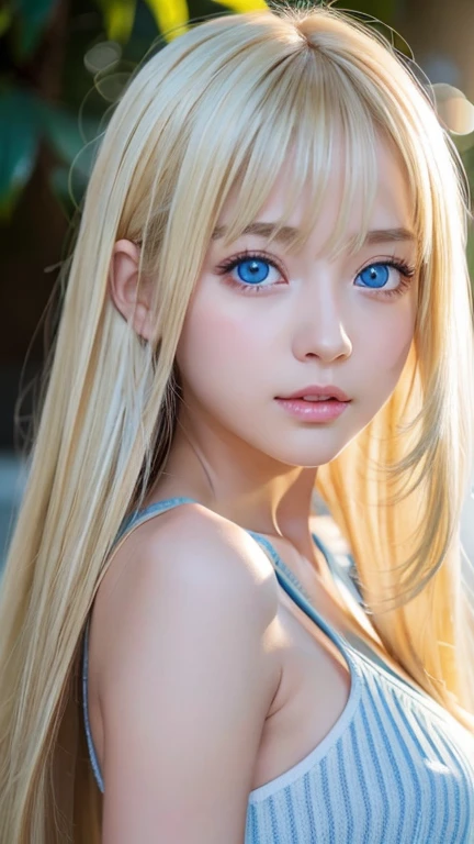 clear shiny skin、18 year old cute sexy little beautiful face、Straight super long blonde hair that shines in the light、Blonde dancing in front of cute beautiful face、Silky long bangs that cover the cute eyes、blonde hiding her sexy face、too super long hair、sexy cute young woman、Super long natural young blonde with glowing light highlights、hair above eyes、片hair above eyes、hair between eyes、Very beautiful bright and shining light blue big eyes、extremely big eyes、small face beauty、