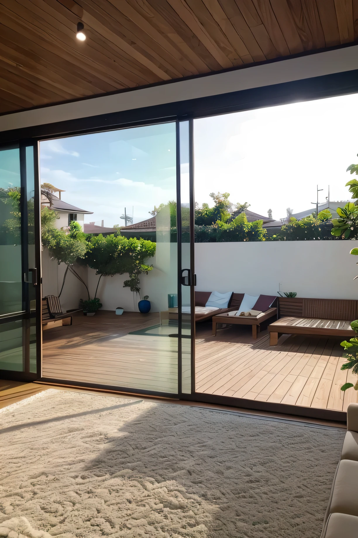 (best quality, 4k, with high resolution), modern and contemporary furniture, very spacious living room, approximately 60m2, floor-to-ceiling glass windows, light green bedroom floor, lots of natural light, soft carpets, outdoor pool bedroom, private balcony, hanging garden in the outdoor area, surfboard-shaped mirror on the side wall.