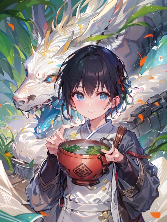 ((Highest quality)), ((Masterpiece)), ((very detailed)), (Very delicate and beautiful), boy,cute,innocent smile,blue eyes,black hair,dragon,rural,gay,holding a rice bowl