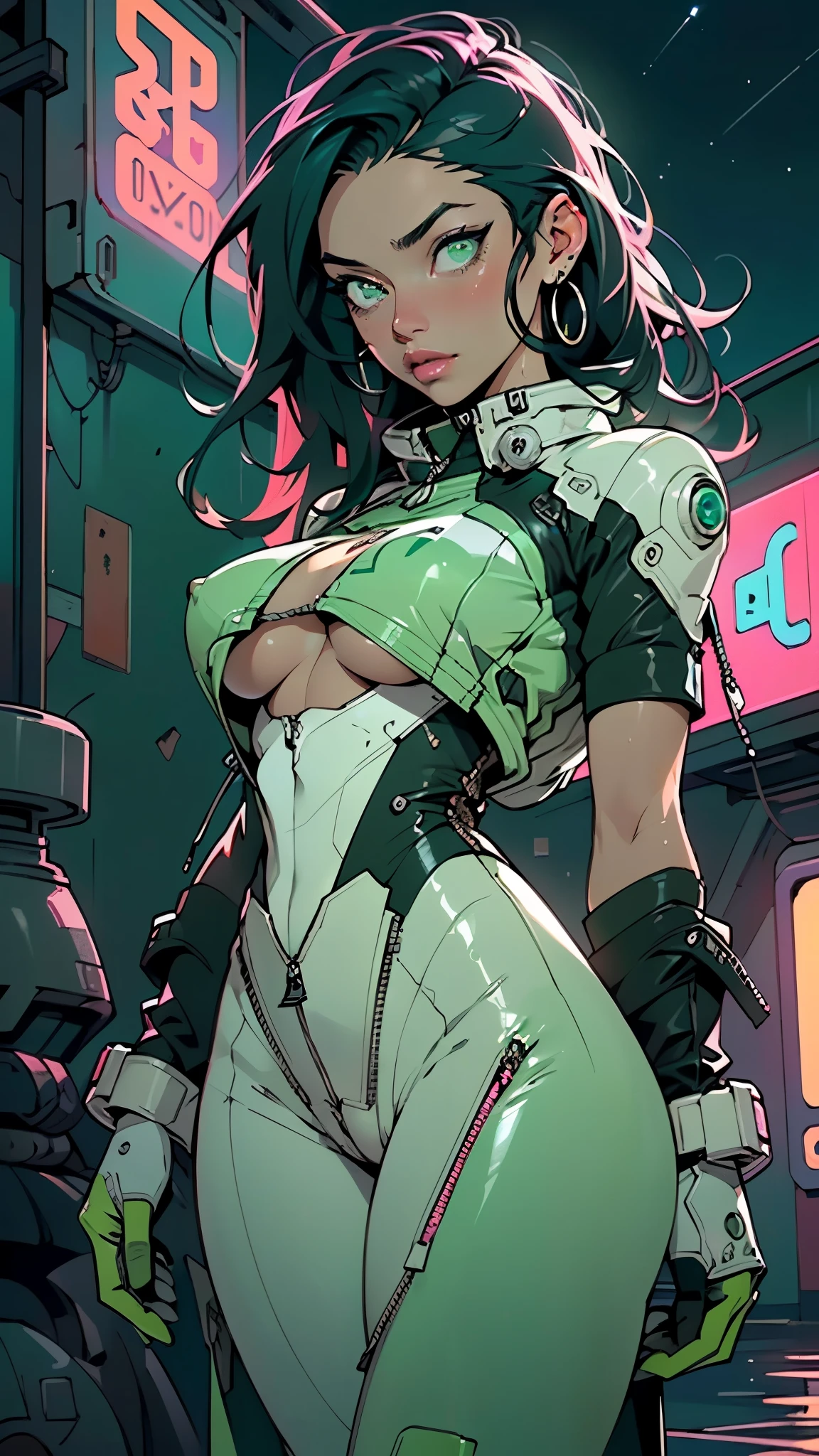 girl spacepunk,(((1girl))),((beautiful girl with spacesuit)),woman,1female,((milf,mom,mature,mature woman,45 years old female,adult)),
(large breasts:1.4),saggy breasts,(((dark hair:1.4,straight hair,long hair:1.4,colored inner hair))),(((green_eyes:1.3))),intricate eyes,beautiful detailed eyes,symmetrical eyes,((fat)),(((lustrous skin:1.5,bright skin: 1.5,skin tanned,shiny skin,very shiny skin,shiny body,plastic glitter skin,exaggerated shiny skin,illuminated skin,wet legs))),(spider lower abdomen,narrow waist,wide hip,imbo body,inflated legs, thick thighs,detailed body,(detailed face)),
cute,slutty,seductive,erotic,(((nsfw))),
revealing clothing,show skin,((underboob:1.5)),(cleavage),((space suit outfit, green space suit,short sleeve spacesuit)),(wearing a space suit outfit:1.3,space suit clothes),((zipper suit, zipper slightly unzipped))),((wet clothes,intricate outfit,intricate clothes)),
(dynamic pose:1.0),solo focus,embarrassed,(centered,scale to fit dimensions,Rule of thirds),
cyberpunk city by the ocean at night, with bright neon signs and dark stormy clouds and puddles, scenery:1.25,nighttime, starry night, cosmos,Very dark night that makes the neon lights stand out, very bright neon lights,nighttime, starry night, cosmos,
artistic photography,(photography taken by sldr),highres, sharp focus,(ultra detailed, extremely detailed), (photorealistic artwork:1.37),(extremely detailed CG unity 8k wallpaper),((synthwave background theme)),(((vibrant colors))),intricate,(intricate background),(masterpiece),(best quality),perfect rendered face,perfect face details,realistic face,photo realistic,analog style,((intricate detail)),(((realism))),