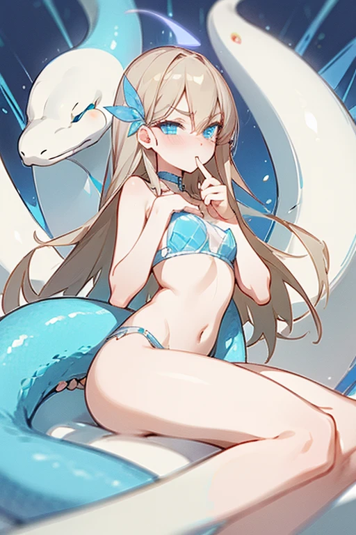 Pixar style super cute anthropomorphic white snake, Wear only underwear, White Snake in detail, Charming big eyes, Nice tail, , Surrealism, Super fine, luxury, elegant站立, Charming big eyes, Nice tail, Surrealism, Super detailed effect, luxury, elegant, with complex, Gorgeous, illusion engine, octane rendering, 8k, 弗赖斯Surrealism,hair length,Double tail,neon color,Blue crystal eyes,Silk detailing sheer underwear,(((Menacing white king cobra))),Touch the snake's head、Nice tail、luminescent