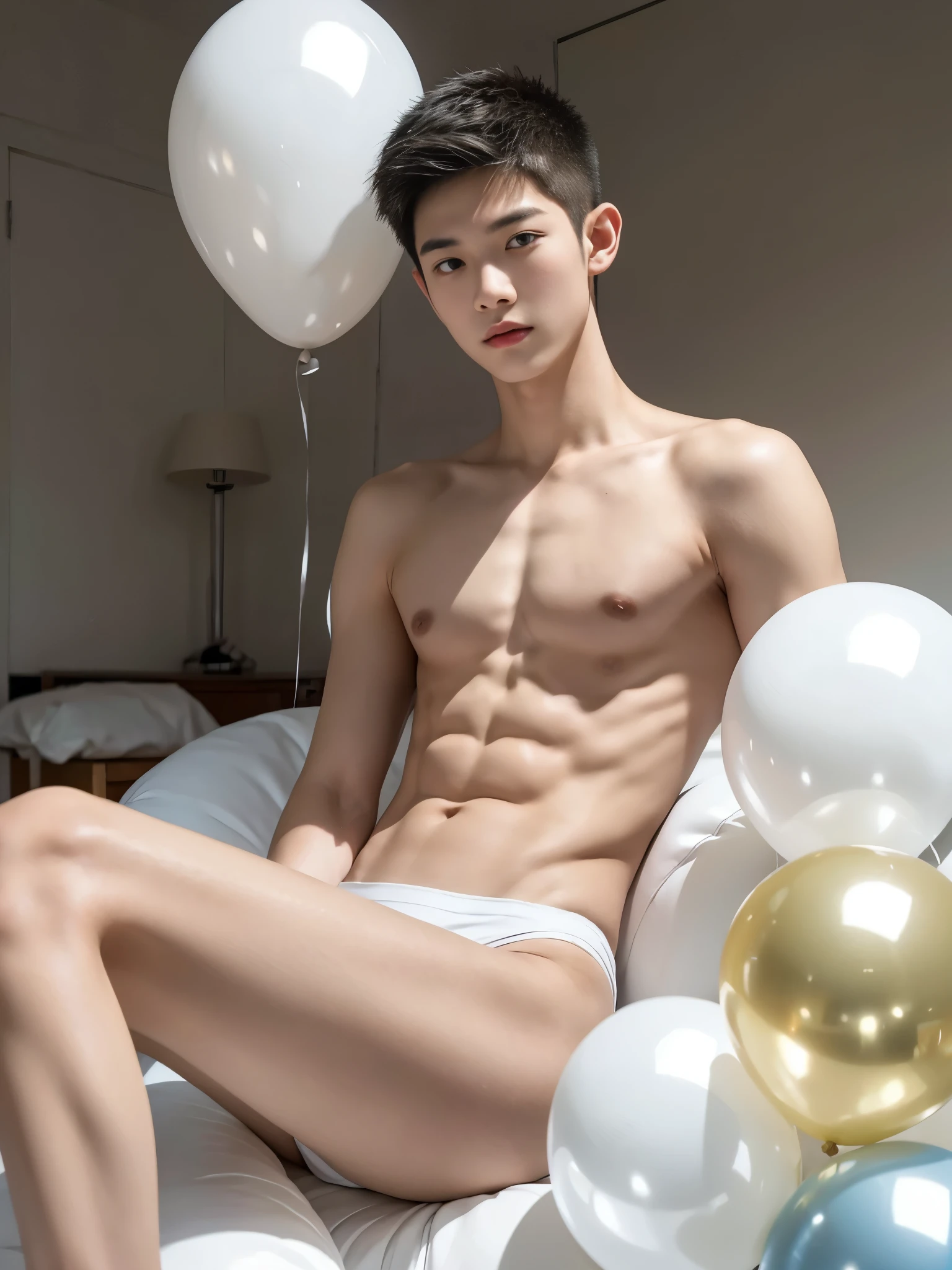 -yeld As boy, sitting on big white balloons, big white balloons between legs, hugging big white balloons, popping big white balloons, wearing white speedos, silver hair, shirtless, abs, thin body, slim body, skinny body, handsome, teenager, young boy, youthful, boyish, cute, photography, realistic, indoor soft lighting, bright background