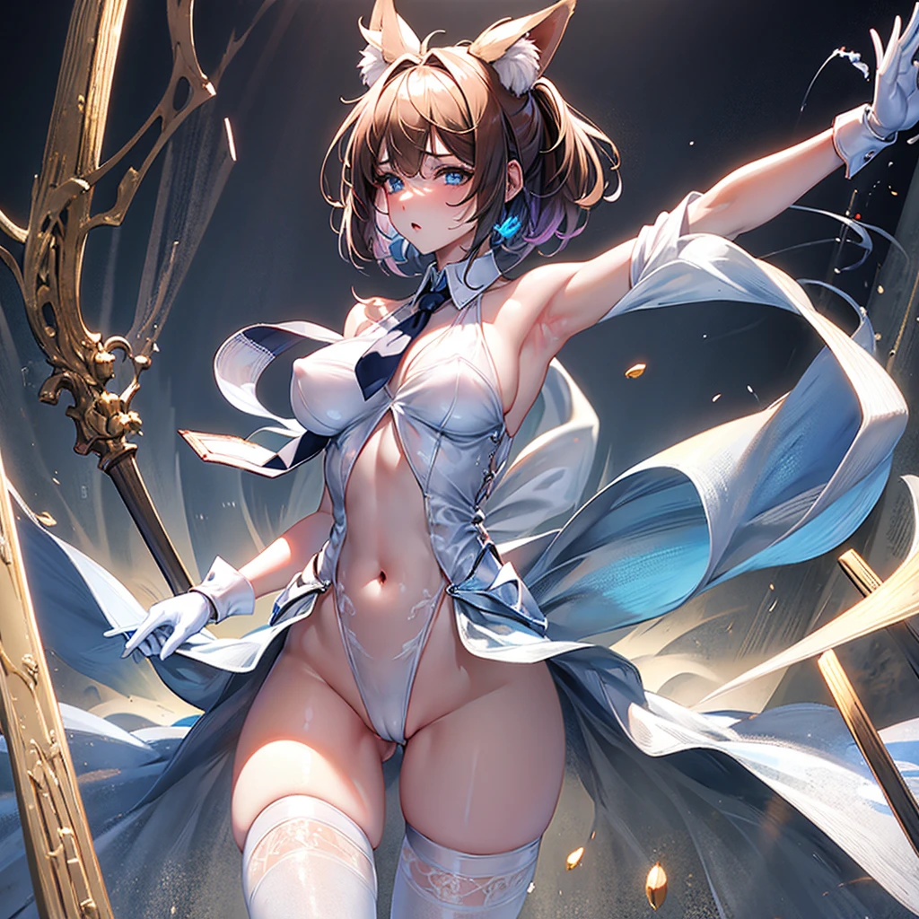 (masterpiece), (best quality), highly detailed,ultra-detailed,(extremely detailed CG unity 8k wallpaper),incredibly absurdres,(official art),colorful,(Line optimization),
Extremely exquisite female facial description, extremely delicate and beautiful eyes,
1girl, animal_ear_fluff, animal_ears, arm_up, armpits, ass_visible_through_thighs, bangs, bare_shoulders, blue_eyes, blush, breasts, brown_hair, cowboy_shot, detached_collar, eyebrows_visible_through_hair, fake_animal_ears, fox_ears, fox_girl, fox_tail, gloves, gradient, gradient_background, grey_background, hair_between_eyes, leotard, looking_at_viewer, navel, necktie, nipples, rabbit_ears, see-through, short_necktie, silver_hair, small_breasts, solo, tail, thigh_gap, white_gloves, wrist_cuffs
(perfect body), (seductive),
(fine and beautiful detailed skin), (shiny skin:1.0), (oil skin:1.0), (oil highlights:1.0),
sexually suggestive, female orgasm,