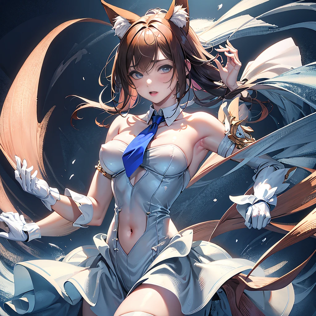 (masterpiece), (best quality), highly detailed,ultra-detailed,(extremely detailed CG unity 8k wallpaper),incredibly absurdres,(official art),colorful,(Line optimization),
Extremely exquisite female facial description, extremely delicate and beautiful eyes,
1girl, animal_ear_fluff, animal_ears, arm_up, armpits, ass_visible_through_thighs, bangs, bare_shoulders, blue_eyes, blush, breasts, brown_hair, cowboy_shot, detached_collar, eyebrows_visible_through_hair, fake_animal_ears, fox_ears, fox_girl, fox_tail, gloves, gradient, gradient_background, grey_background, hair_between_eyes, leotard, looking_at_viewer, navel, necktie, nipples, rabbit_ears, see-through, short_necktie, silver_hair, small_breasts, solo, tail, thigh_gap, white_gloves, wrist_cuffs
(perfect body), (seductive),
(fine and beautiful detailed skin), (shiny skin:1.0), (oil skin:1.0), (oil highlights:1.0),
sexually suggestive, female orgasm,