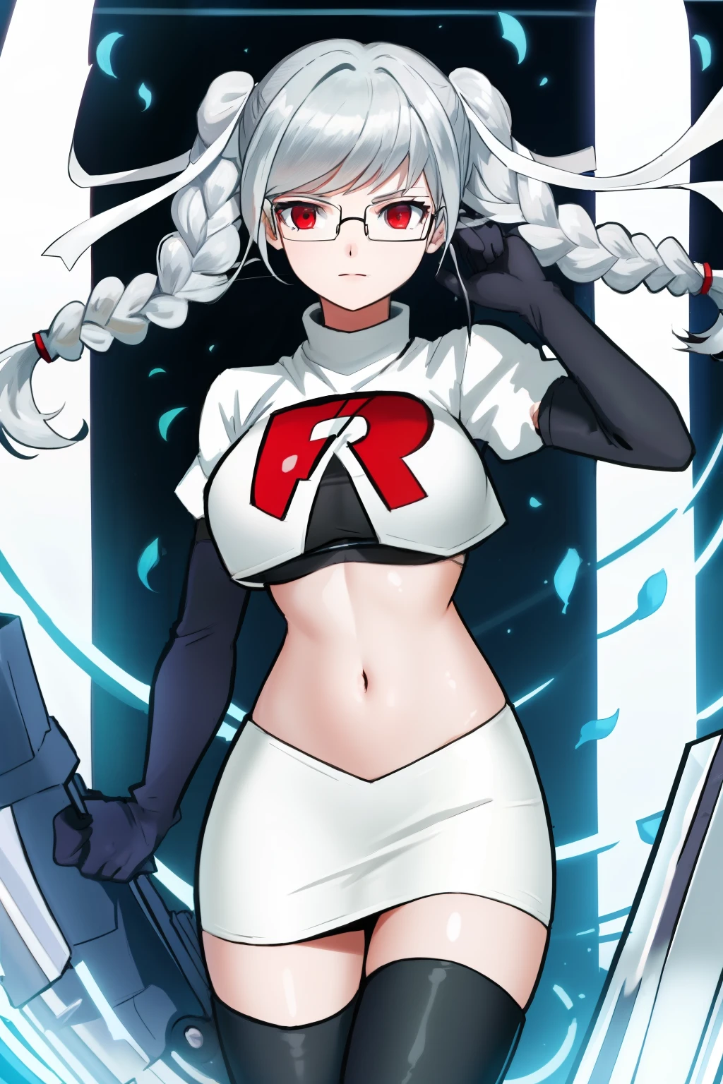 1girl, breasts, cowboy shot, floating hair, glasses, hair ribbon, large breasts, shiny, shiny hair, solo, white ribbon, team rocket,team rocket uniform,white skirt,red letter R,crop top,black thigh-highs,black elbow gloves