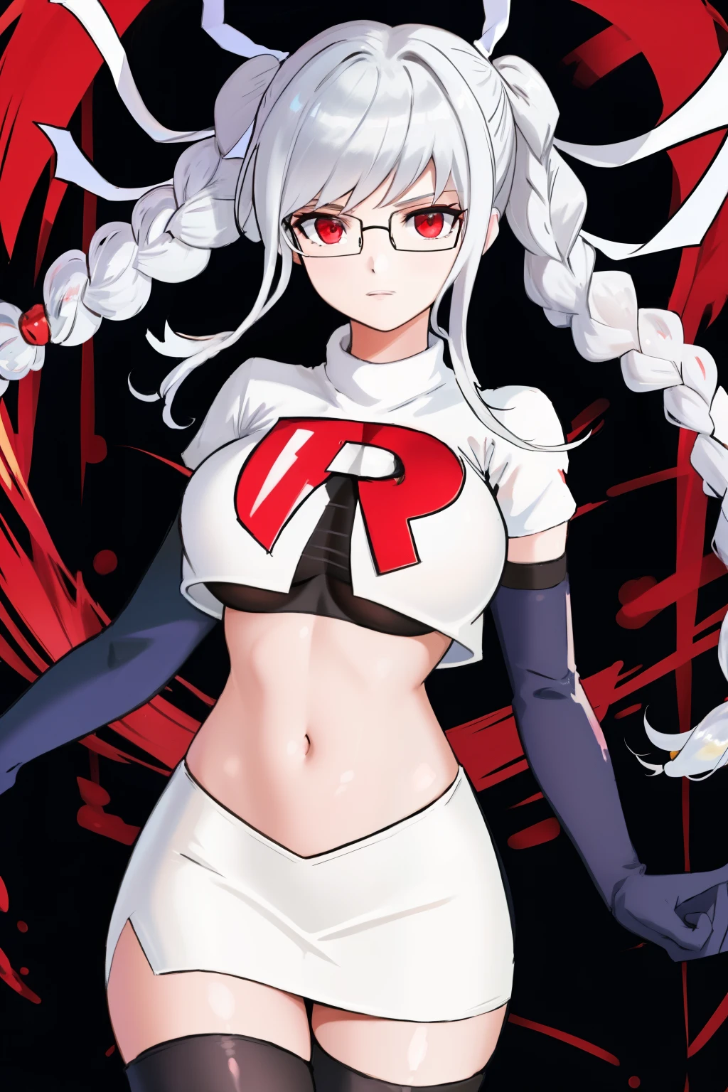 1girl, breasts, cowboy shot, floating hair, glasses, hair ribbon, large breasts, shiny, shiny hair, solo, white ribbon, team rocket,team rocket uniform,white skirt,red letter R,crop top,black thigh-highs,black elbow gloves
