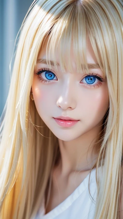 clear shiny skin、17 year old cute ???? little beautiful face、Straight super long blonde hair that shines in the light、Beautiful blonde hair dancing wildly in front of her cute and beautiful face、Silky long bangs that cover the cute eyes、blonde hiding her ???? face、very long blonde hair、???? cute young woman、Super long natural young blonde with glowing light highlights、hair above eyes、片hair above eyes、hair between eyes、Very beautiful bright and shining light blue big eyes、extremely big eyes、small face beauty、cheek gloss highlight
