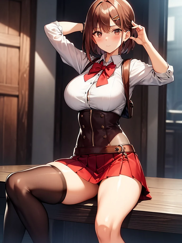 (the gesture of tying one's hair:1.2), ((blush:1.2)), Thighhighs, White top shoes, endure the pain, 1 girl, (alone:1.3), ((raise your arms)), Black rucksack, hairpin, short hair, ((White school uniform)), red bow tie, huge breasts, Naughty big breasts, ((long slender legs)), ((thin waist)), ((Panty shot)), cowboy shot, thighs, big ass, Red miniskirt, Beautiful woman, pretty face, Close your legs