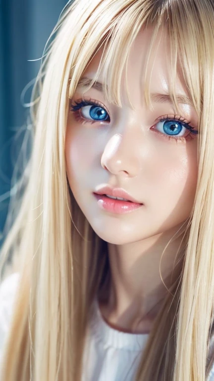 clear shiny skin、17 year old cute sexy little beautiful face、Straight super long blonde hair that shines in the light、Beautiful blonde hair dancing wildly in front of her cute and beautiful face、Silky long bangs that cover the cute eyes、blonde hiding her sexy face、very long blonde hair、sexy cute young woman、Super long natural young blonde with glowing light highlights、hair above eyes、片hair above eyes、hair between eyes、Very beautiful bright and shining light blue big eyes、extremely big eyes、small face beauty、cheek gloss highlight