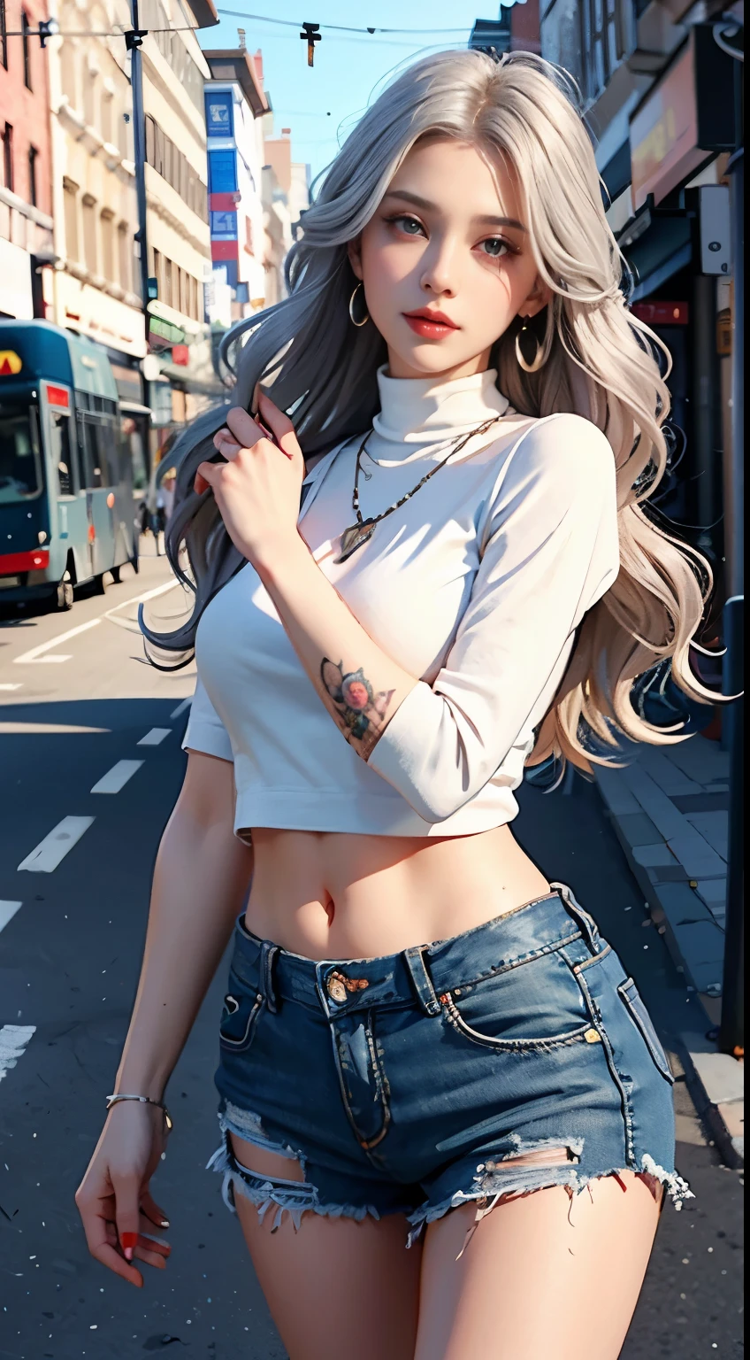 Nsfw,Beautiful girl college student,masterpiece,light makeup,red lips,silver hair,messy long hair,street background,beautiful,grace。super fine details,work,authentic texture,Realistic movie lighting,Perfect Work,8K,HD,exquisite features,White Skinny Turtleneck Top,White Skinny Shorts,slim body shape,big and bright eyes,,earrings,necklace,Tattoos