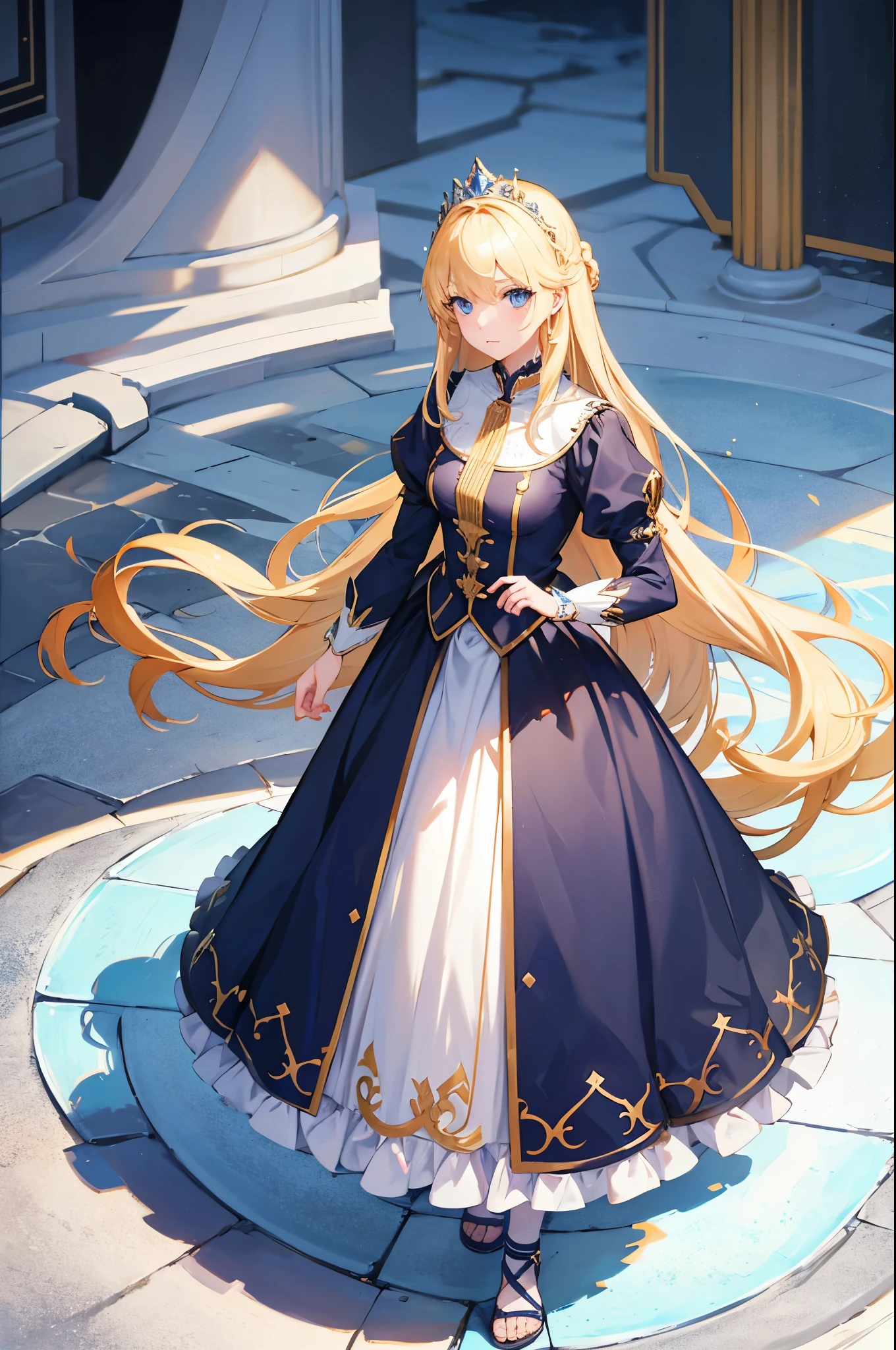 1woman, blonde hair, blue eyes, princess, standing on ground, high res, ultra sharp, 8K, masterpiece