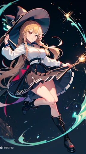 masterpiece, intricate details,highest quality, chromatic aberration, girl,Bamboo basket,floating, In combat,skirt, Marisa Drizzle,long hair,  boots, shirt, boots, skirt,skirt,whole body,long hair,Only one braid, black shoes, big breasts,Laser beam,love sign｢Master Spark｣ ,background：air,witch hat