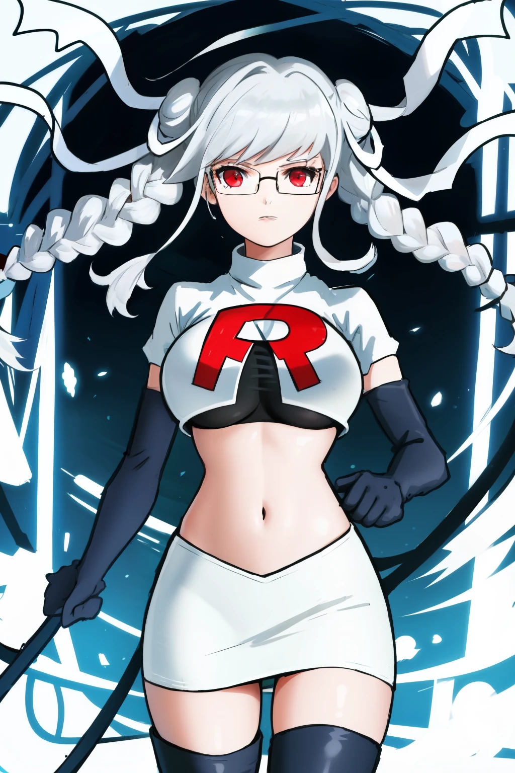 1girl, breasts, cowboy shot, floating hair, glasses, hair ribbon, large breasts, shiny, shiny hair, solo, white ribbon, team rocket,team rocket uniform,white skirt,red letter R,crop top,black thigh-highs,black elbow gloves