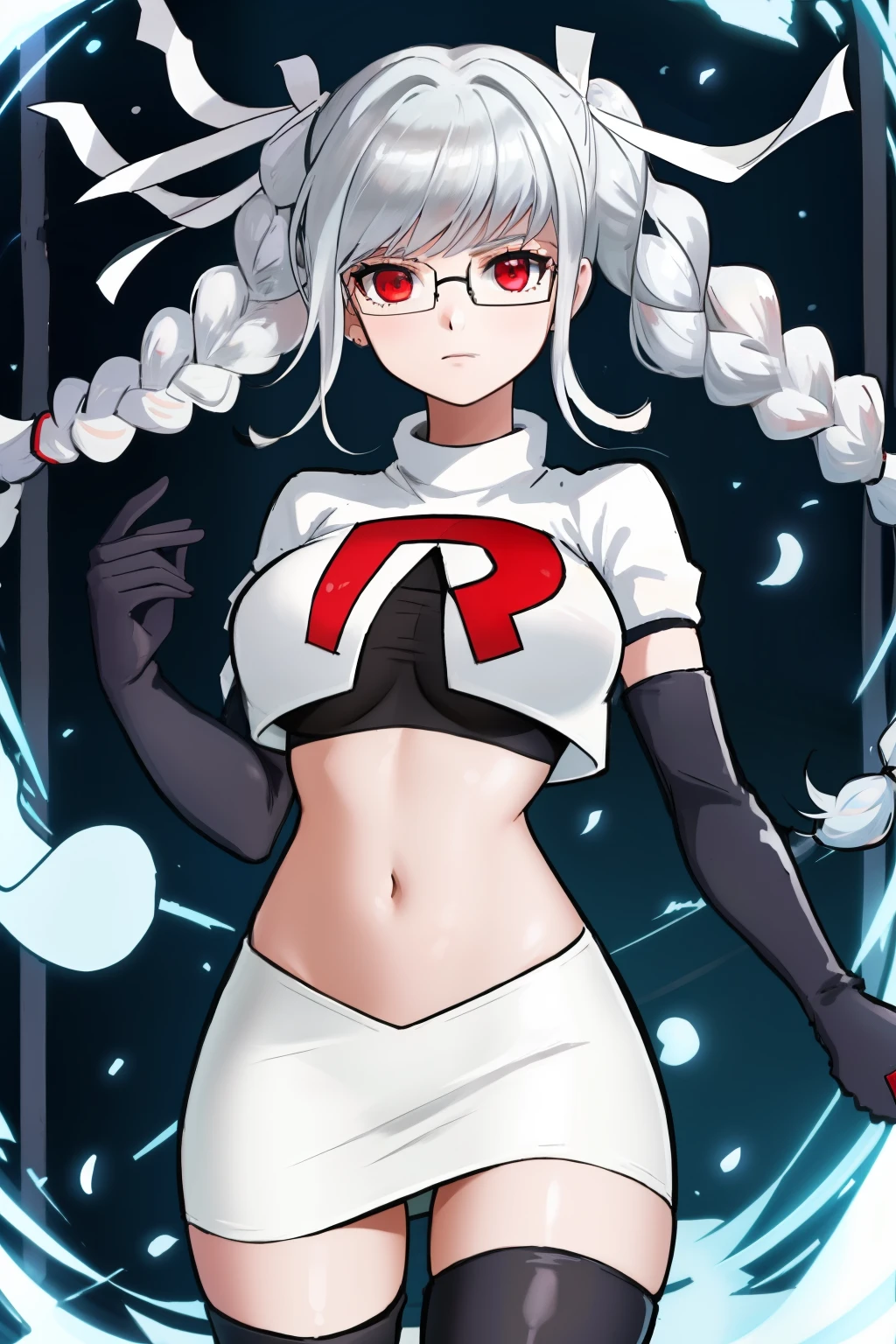 1girl, breasts, cowboy shot, floating hair, glasses, hair ribbon, large breasts, shiny, shiny hair, solo, white ribbon, team rocket,team rocket uniform,white skirt,red letter R,crop top,black thigh-highs,black elbow gloves