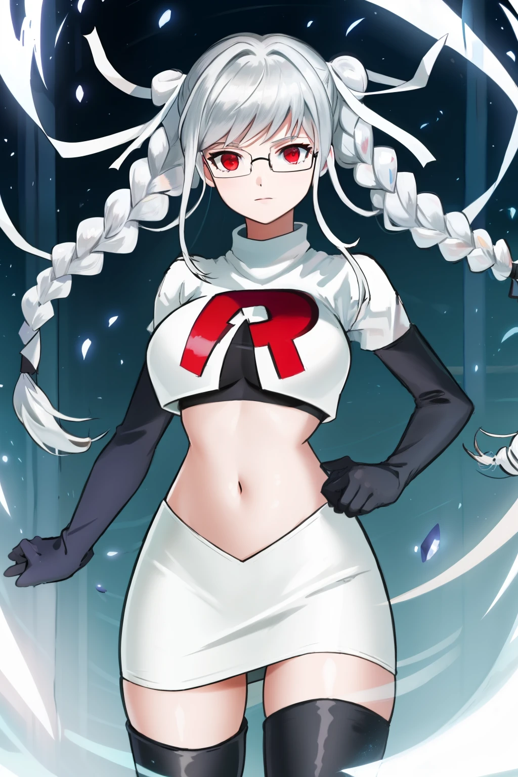 1girl, breasts, cowboy shot, floating hair, glasses, hair ribbon, large breasts, shiny, shiny hair, solo, white ribbon, team rocket,team rocket uniform,white skirt,red letter R,crop top,black thigh-highs,black elbow gloves