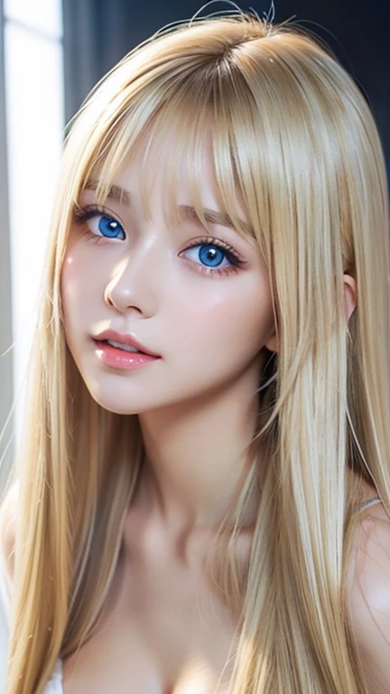 clear shiny skin、17 year old cute little beautiful face、Straight super long blonde hair that shines in the light、Beautiful blonde hair dancing wildly in front of her cute and beautiful face、Silky long bangs that cover the cute eyes、blonde hiding her sexye、very long blonde hair、sexy cutung woman、very big breasts、Super long natural young blonde with glowing light highlights、hair above eyes、片hair above eyes、hair between eyesry beautiful bright and shining light blue big eyes、extremely big eyes、small face beauty、cheek gloss highlight