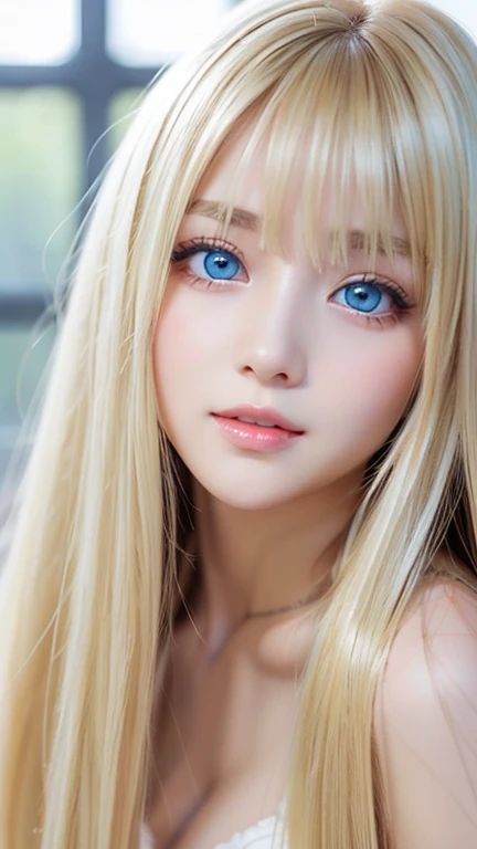 clear shiny skin、17 year old cute sexy little beautiful face、Straight super long blonde hair that shines in the light、Beautiful blonde hair dancing wildly in front of her cute and beautiful face、Silky long bangs that cover the cute eyes、blonde hiding her sexy face、very long blonde hair、sexy cute young woman、very big breasts、Super long natural young blonde with glowing light highlights、hair above eyes、片hair above eyes、hair between eyes、Very beautiful bright and shining light blue big eyes、extremely big eyes、small face beauty、cheek gloss highlight