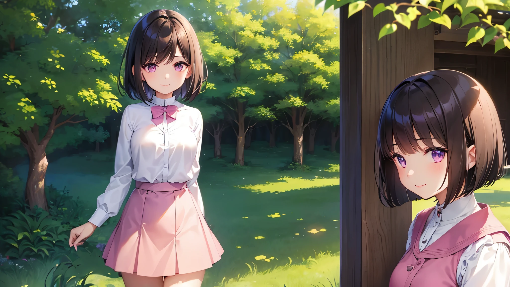 very cute girl、dark brown hair、bob cut、short hair、side tail hair、Violet eyes、smile、Crystal clear white skin、white blouse、pink cardigan、Red skirt、Black knee-high、whole body、grassland。