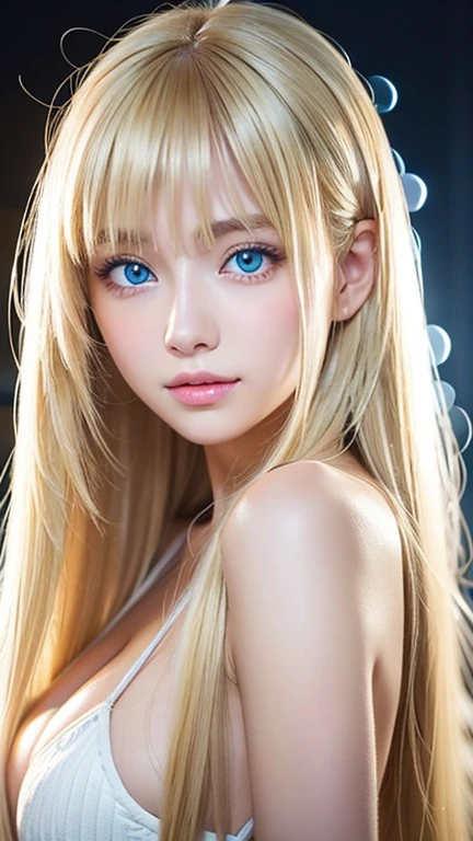 clear shiny skin、17 year old cute sexy little beautiful face、Straight super long blonde hair that shines in the light、Beautiful blonde hair dancing wildly in front of her cute and beautiful face、Silky long bangs that cover the cute eyes、blonde hiding her sexy face、very long blonde hair、sexy cute young woman、very big breasts、Super long natural young blonde with glowing light highlights、hair above eyes、片hair above eyes、hair between eyes、Very beautiful, bright and dazzling big light blue eyes、extremely big eyes、small face beauty、cheek gloss highlight