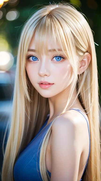 clear shiny skin、17 year old cute sexy little beautiful face、Straight super long blonde hair that shines in the light、Beautiful blonde hair dancing wildly in front of her cute and beautiful face、Silky long bangs that cover the cute eyes、blonde hiding her sexy face、very long blonde hair、sexy cute young woman、very big breasts、Super long natural young blonde with glowing light highlights、hair above eyes、片hair above eyes、hair between eyes、Very beautiful, bright and dazzling big light blue eyes、extremely big eyes、small face beauty、cheek gloss highlight