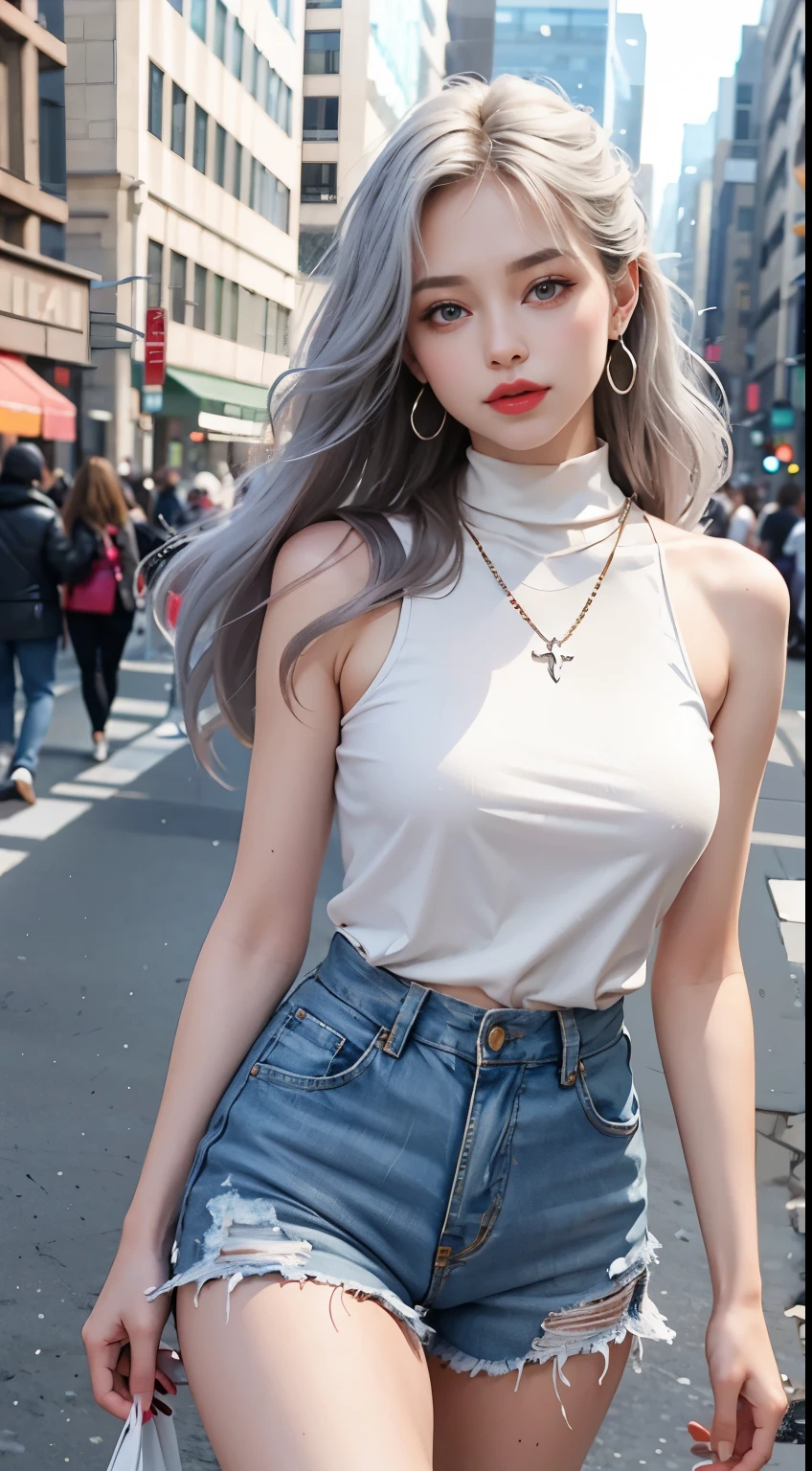Beautiful girl college student,masterpiece,light makeup,red lips,silver hair,messy long hair,street background,beautiful,grace。super fine details,work,authentic texture,Realistic movie lighting,完美的work,8K,HD,exquisite features,White Skinny Turtleneck Top,White Skinny Shorts,slim body shape,big and bright eyes,,earrings,necklace,Tattoos