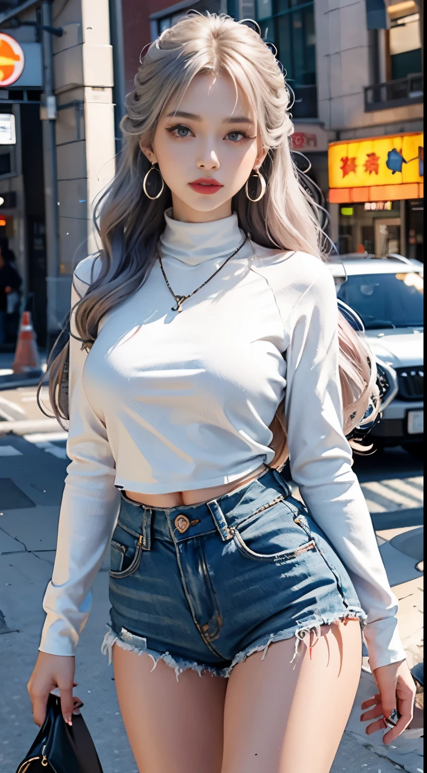 Beautiful girl college student,masterpiece,light makeup,red lips,silver hair,messy long hair,street background,beautiful,grace。super fine details,work,authentic texture,Realistic movie lighting,完美的work,8K,HD,exquisite features,White Skinny Turtleneck Top,White Skinny Shorts,slim body shape,big and bright eyes,,earrings,necklace,Tattoos