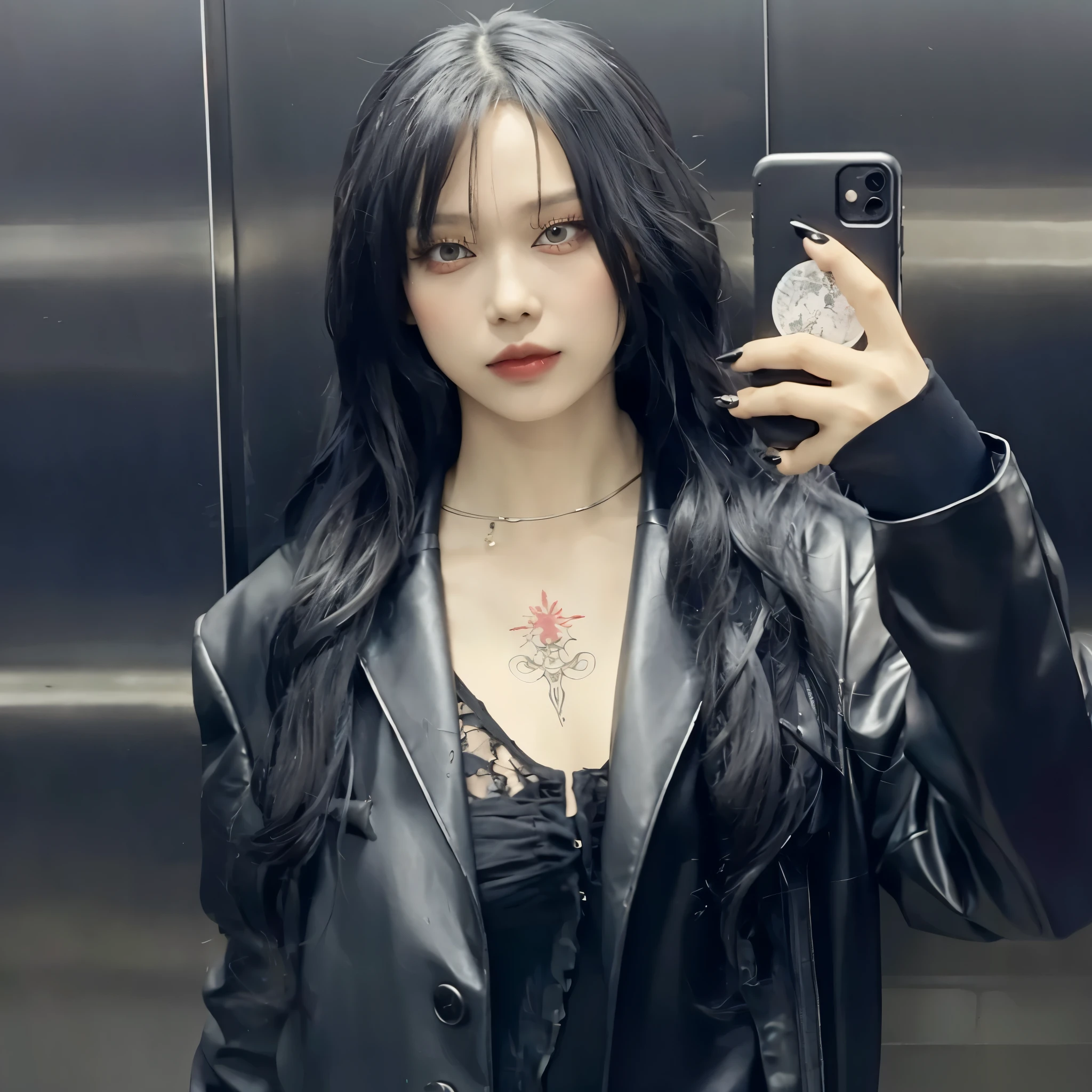 woman com longos cabelos pretos taking a selfie in front of a metal wall, cruel korean goth girl, Ulzzang, com longos cabelos pretos, goth girl aesthetic, imagem vazada, xianxia de corpo inteiro, Retrato de Jossi do Blackpink, 1 7 Year Old Goth Anime Girl, capturado em canon eos r 6, 1 7 year old goth girl
