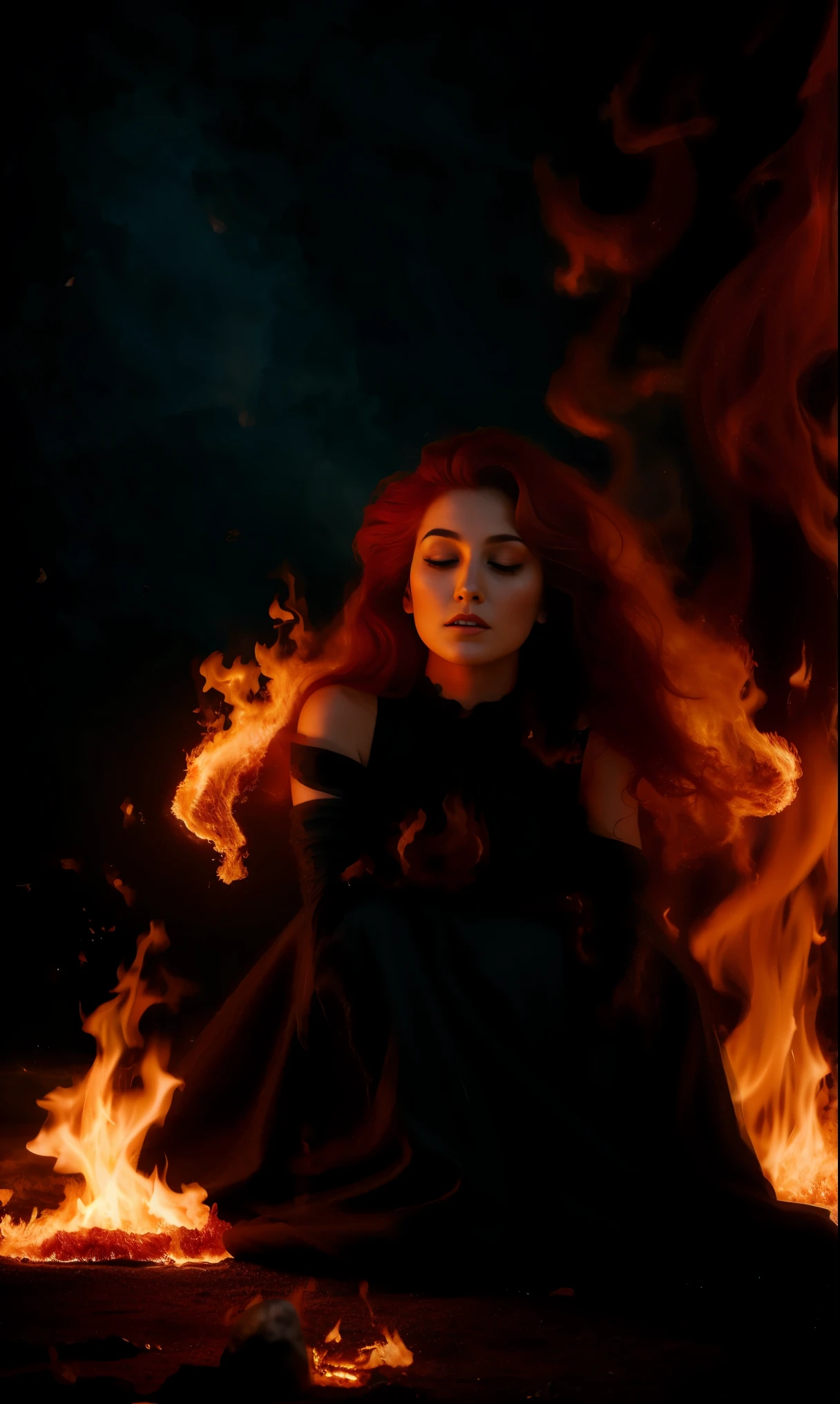 woman in a black dress sits on the ground covered in fire, flames surround her, engulfed in swirling flames, Goddess of Fire, fantasy art behance, enveloped in flames, her hair is made out of fire, she has fire powers, A dress made of fire, Dark Phoenix, appears as the goddess of fire, Surrounded by fire, her body made of flames