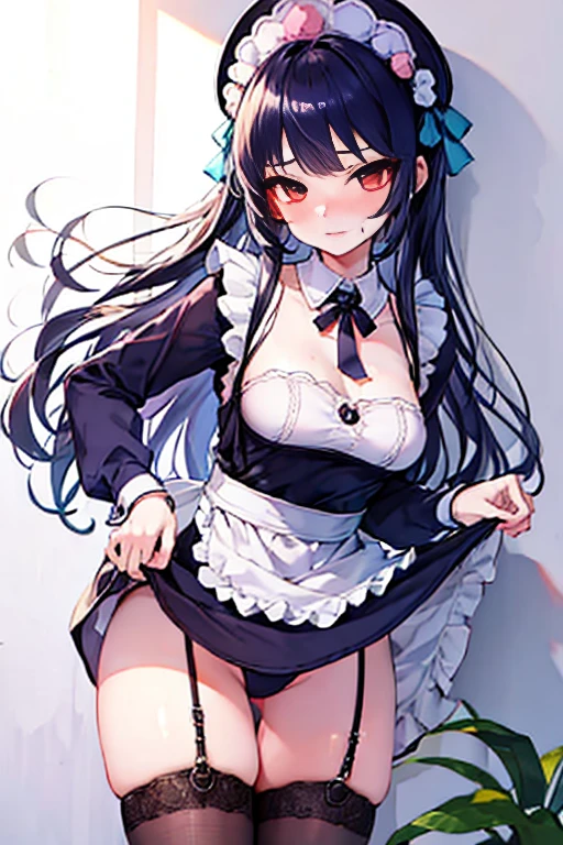 Girl in maid outfit pushed against wall，Wearing very little and very shy，Eyes are confused，Strike a captivating pose，Beautiful and delicious，Seems helpless and unsatisfied，milk flowing between thighs，Clothes outline a graceful figure，Hair stuck to cheeks with sweat，Lift the girl&#39;s clothes from below