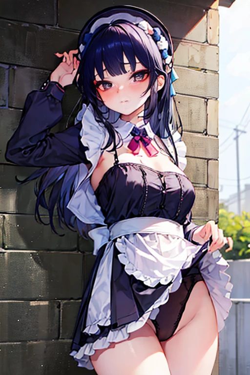 Girl in maid outfit pushed against wall，Wearing very little and very shy，Eyes are confused，Strike a captivating pose，Beautiful and delicious，Seems helpless and unsatisfied，milk flowing between thighs，Clothes outline a graceful figure，Hair stuck to cheeks with sweat，Lift the girl&#39;s clothes from below