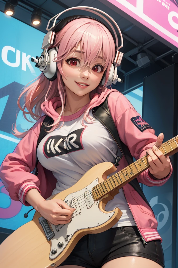 (masterpiece, best quality:1.2), solo, 1girl, super sonico, smiling, breast, pink hair, tight shirt, playing guitar, holding instrument, headphones, red eyes, hooded jacket, shirt, solo, 1girl, realistic, (best quality), (masterpiece), ultra detail, (ultra high res), extreme detail, 8k, uhd, detailed