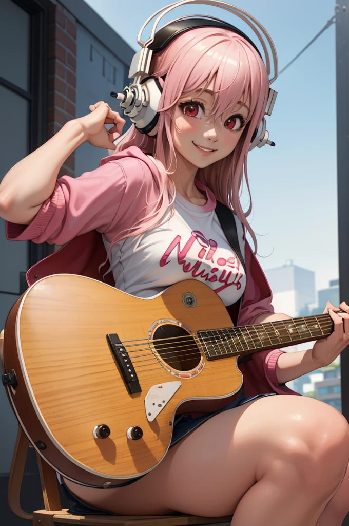 (masterpiece, best quality:1.2), solo, 1girl, super sonico, smiling, breast, pink hair, tight shirt, playing guitar, holding instrument, headphones, red eyes, hooded jacket, shirt, solo, 1girl, realistic, (best quality), (masterpiece), ultra detail, (ultra high res), extreme detail, 8k, uhd, detailed