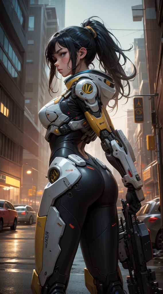 Dystopia, [SF], high-definition RAW color photography, full shot, rear angle, (cute female arterial intelligence, wearing see-through white chemise), outdoor, standing, overhead, looking at the vast cyberpunk cityscape), toned physique, big buttocks, (white skin), perfect face, seductive appearance, (cybernetic implants: 1.2), (enhanced), ( Cyborg: 1.1), (Detailed Skin, Diffuse Skin Pore), Silicone, Metal, (Highly Detailed, Fine, Detailed, Complex), (Lens Flare: 0.5), (Bloom: 0.5), Smog, Dust, (Badlands: 0.8), (Observatory: 0.7), Ray Tracing, Specular Illumination, Shallow Depth of Field, Sony Alpha 1, EF 85mm Lens, f/2.8, Hard Focus, Smooth, Cinematic Film Still, [Cyberpunk:Orwelian:12]