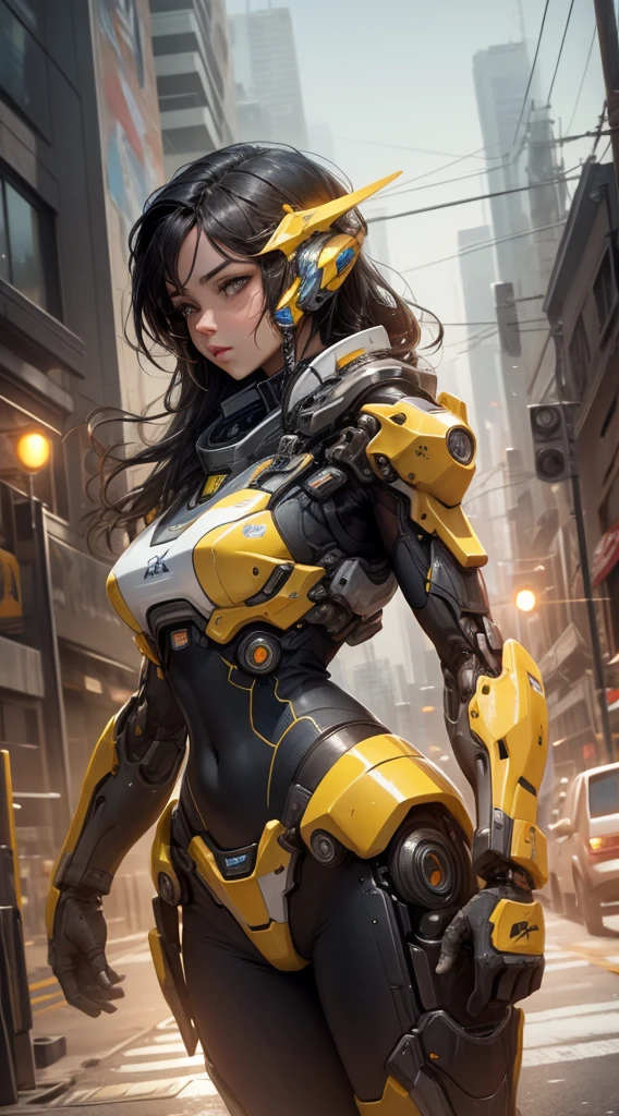 Hermosa mujer, best quality,masterpiece,realistic,sky,night,1man, yellow mecha_robot,relic scenes,cyberpunk,school of fish,(neon lights:0.7),rim lighting,transformers style,motor irreal:1.4,UHD,La mejor calidad:1.4, fotorrealista:1.4, textura de la piel:1.4, obra maestra:1.8,