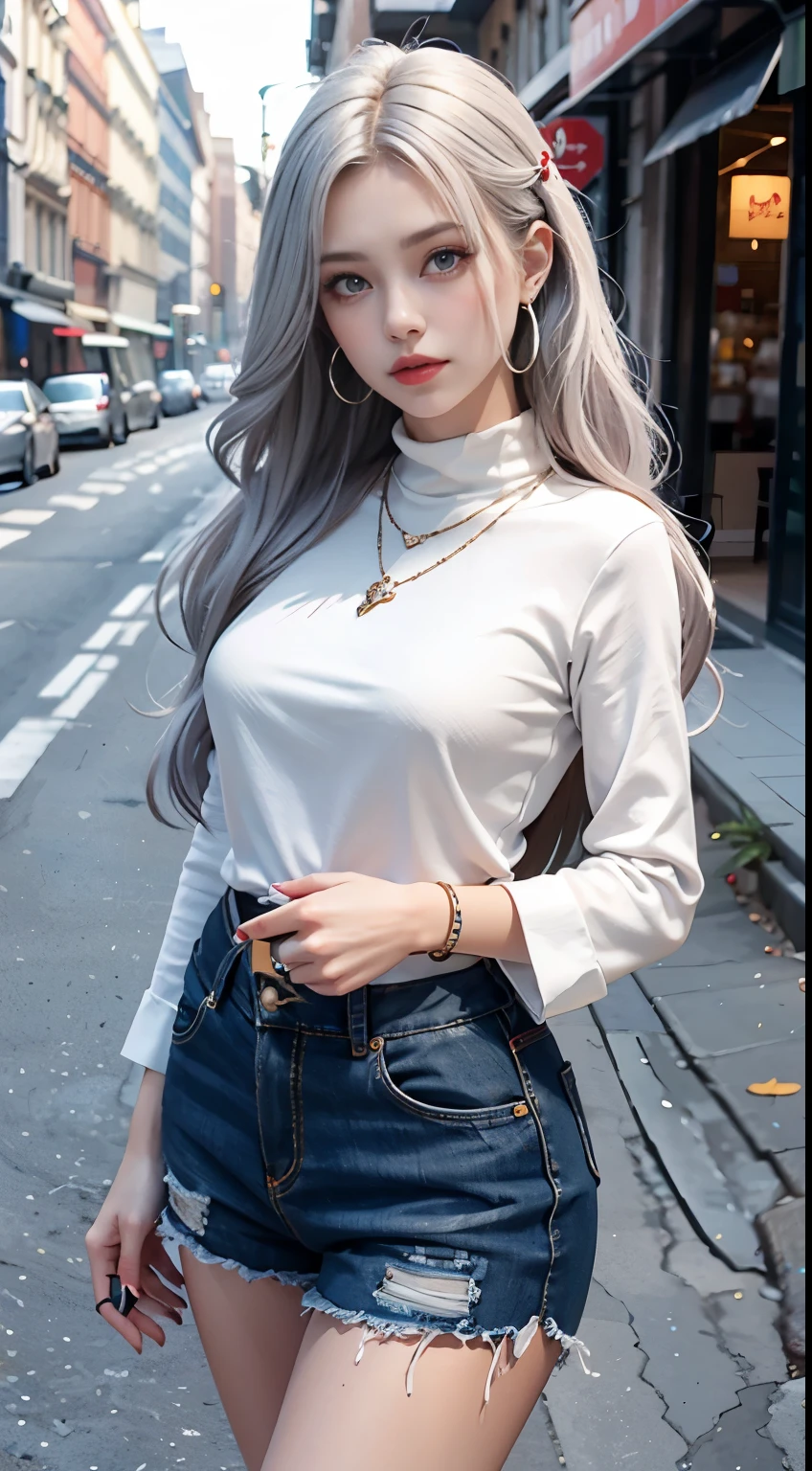  Beautiful girl college student，masterpiece，light makeup，red lips，silver hair，messy long hair，street background，beautiful，grace。super fine details，work，authentic texture，Realistic movie lighting，完美的work，8K，HD，exquisite features，White Skinny Turtleneck Top，White Skinny Shorts，slim body shape，big and bright eyes，，earrings，necklace，Tattoos