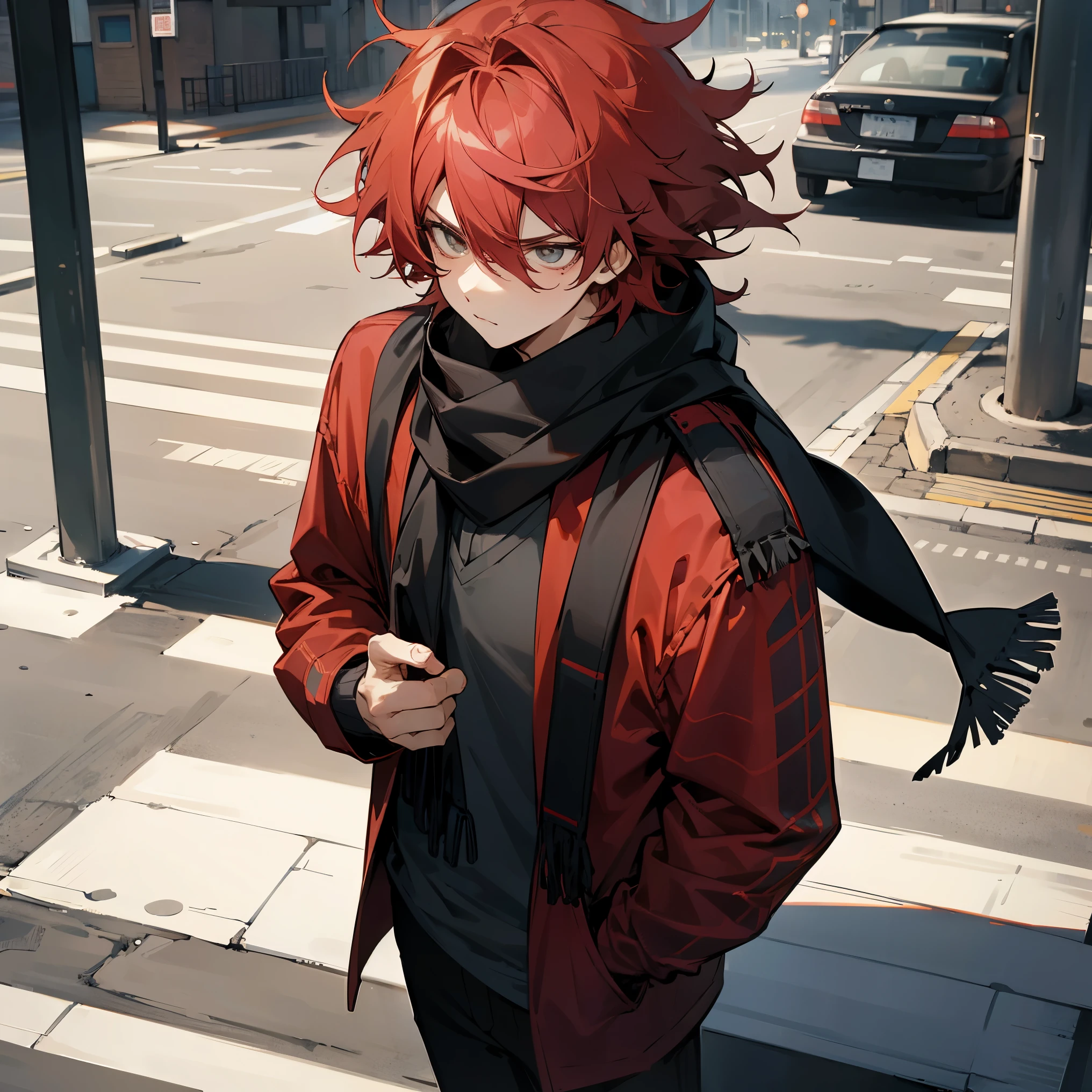 Red Messy Hair , Serious Expression , Casual Clothing , Longsleeve shirt , Black Scarf , 1male , Standing on sidewalk